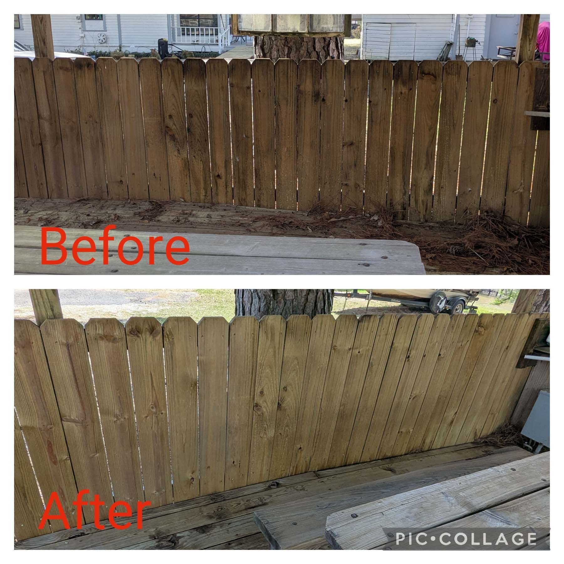 Fence repair comparison: weathered wooden fence before and cleaner, refreshed fence after.