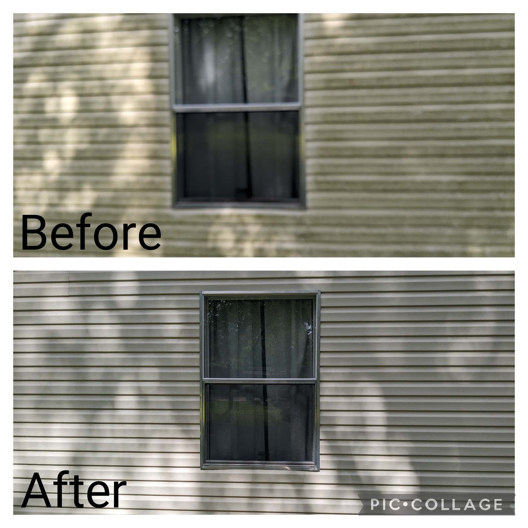 Before-and-after view of a house wall and window, showing cleaned siding in the after image.