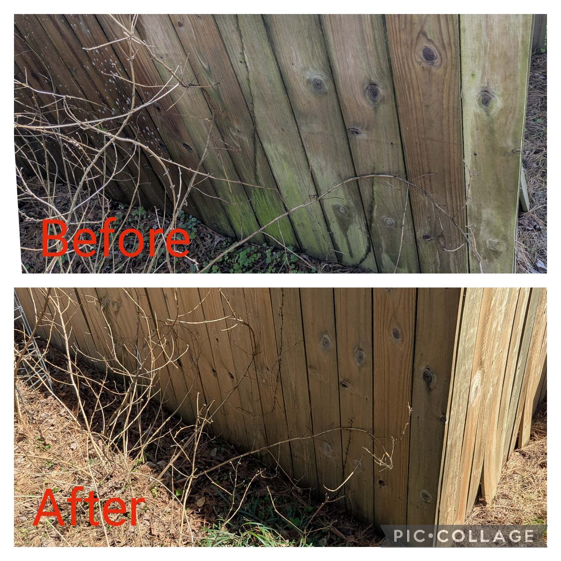 Before-and-after of a wooden fence, showing cleared brush and debris on the ground.