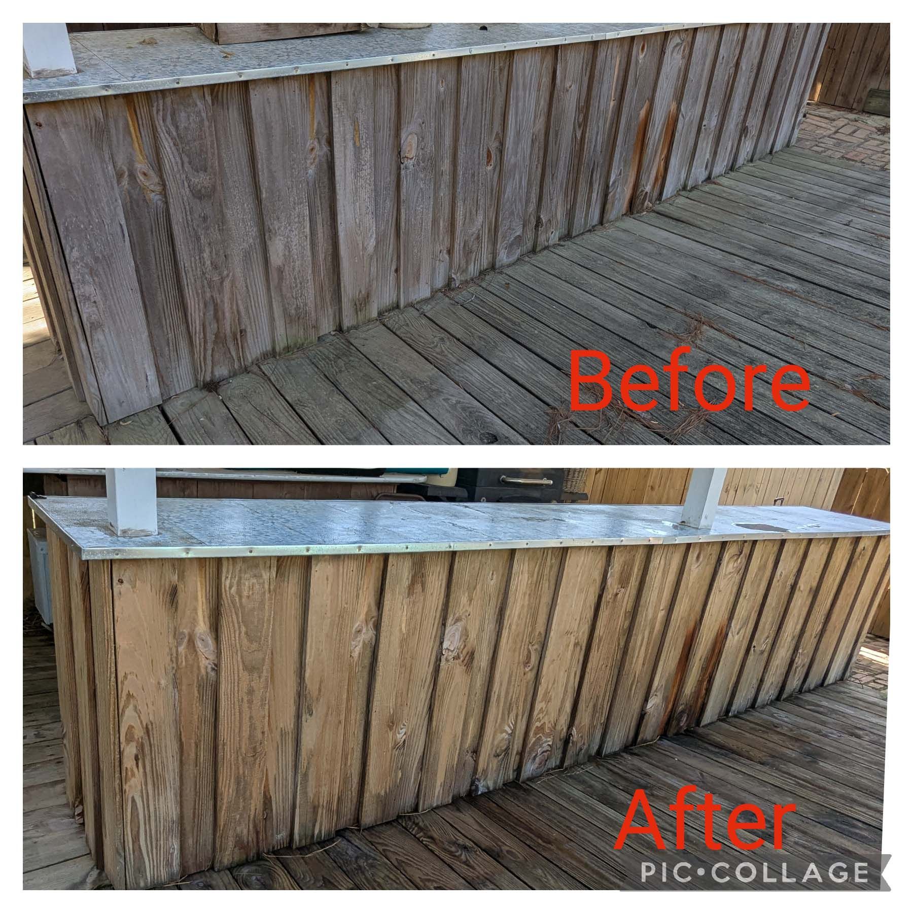 Before-and-after of a weathered wooden deck railing cleaned from gray to warm brown.
