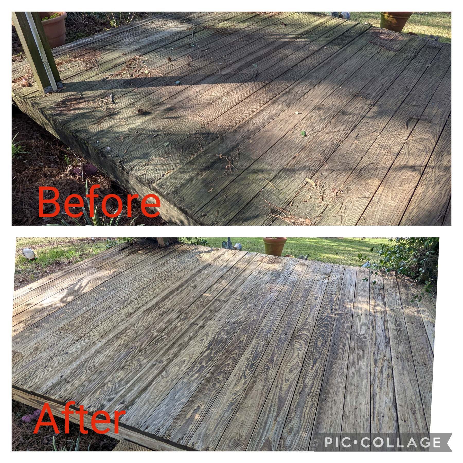 Before-and-after photos of a weathered wooden deck cleaned and brightened.