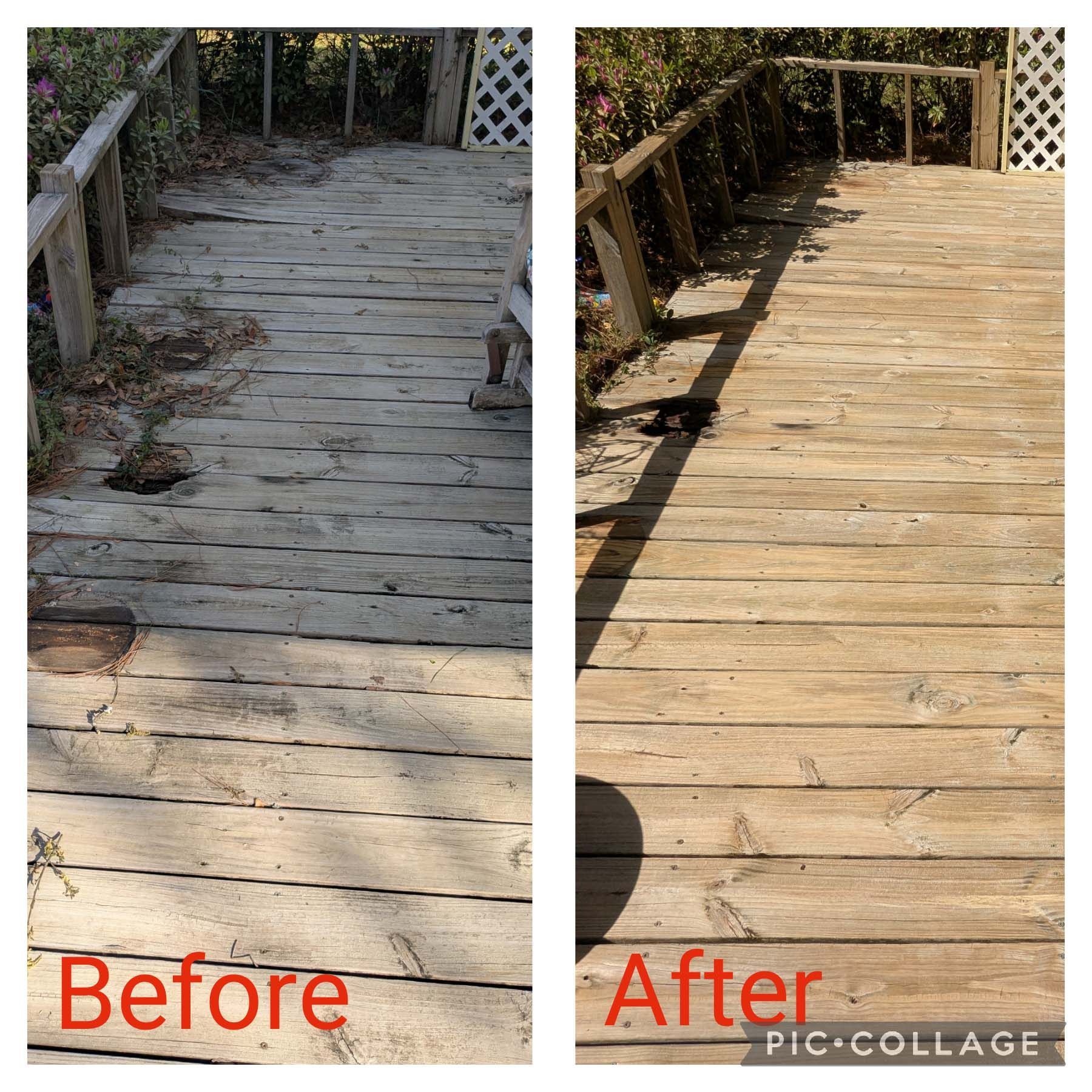 Wooden deck walkway before and after repair, showing weathered boards replaced with smooth new planks.