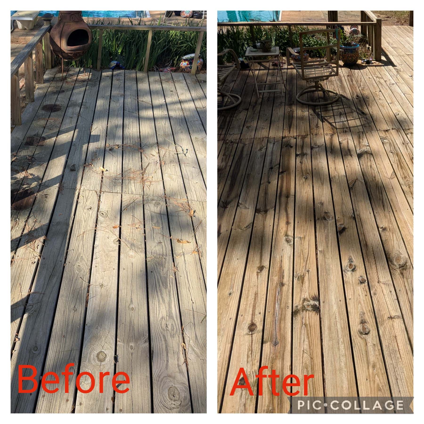 Before-and-after of a weathered wooden deck, with the left side gray and the right side cleaned and tan.