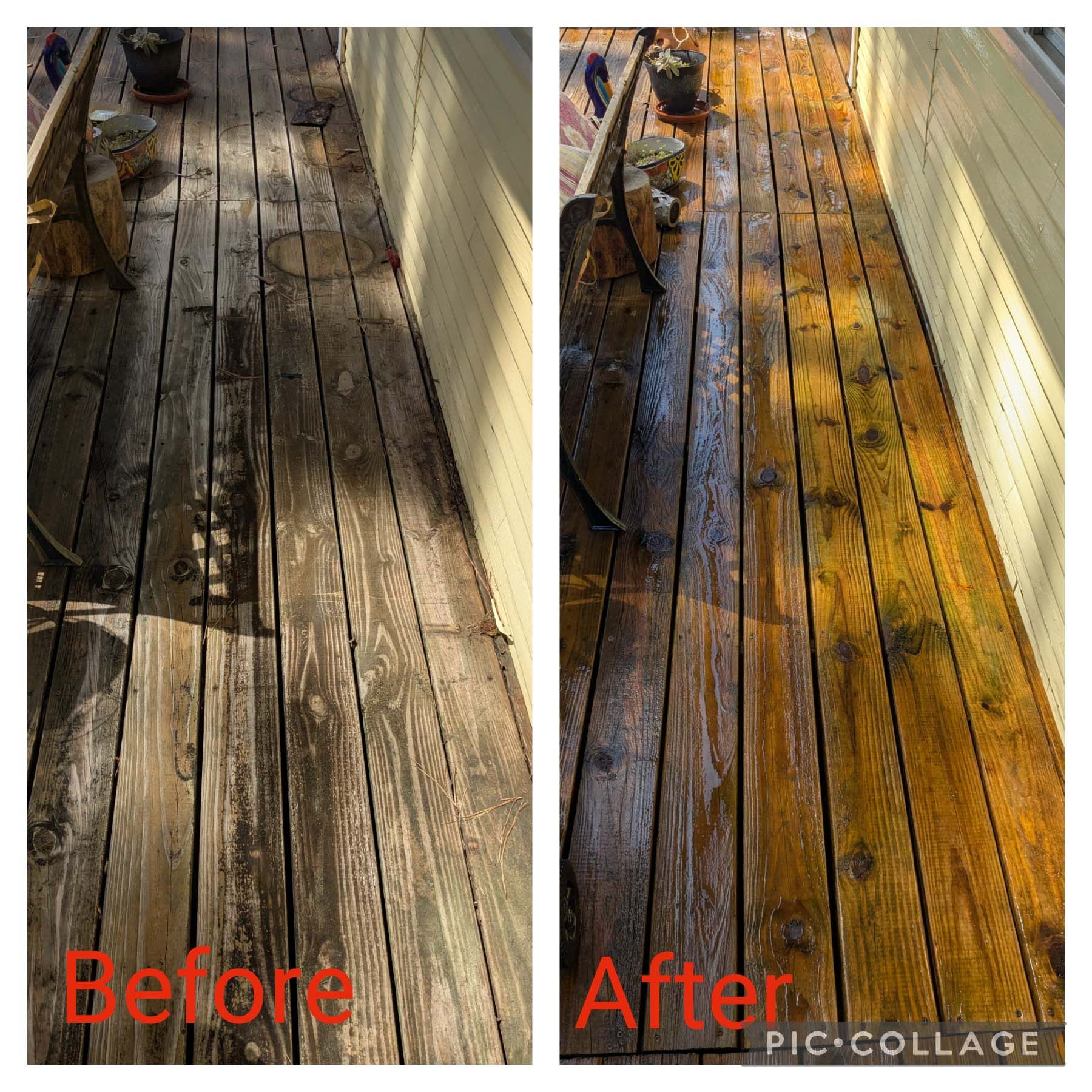 Before-and-after view of a weathered wooden deck cleaned and stained a warm yellow-orange.
