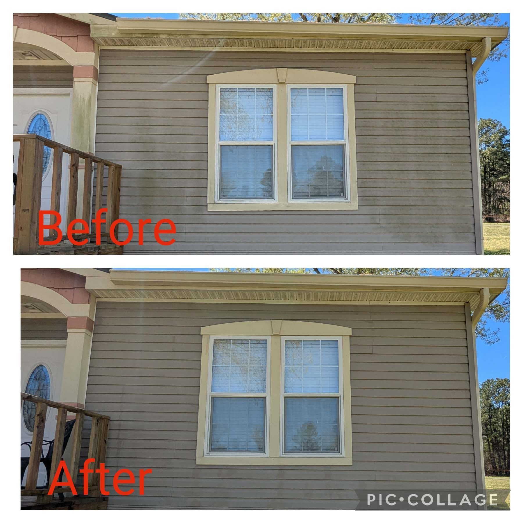 Before-and-after exterior house wall with updated siding around a window.