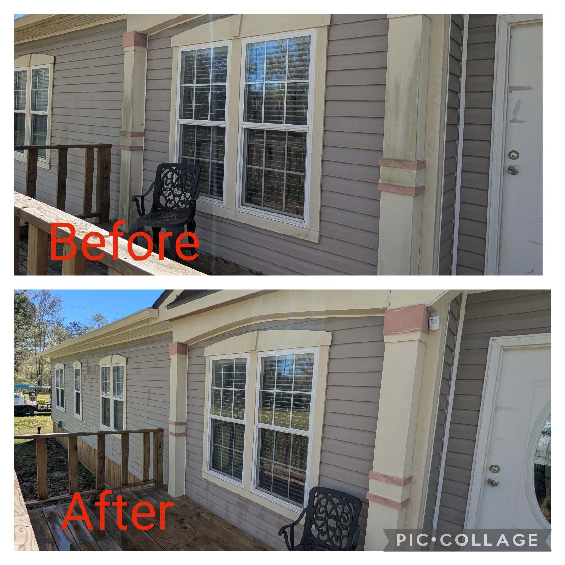Before-and-after of a house exterior siding repair, showing a window, porch railing, and front door.