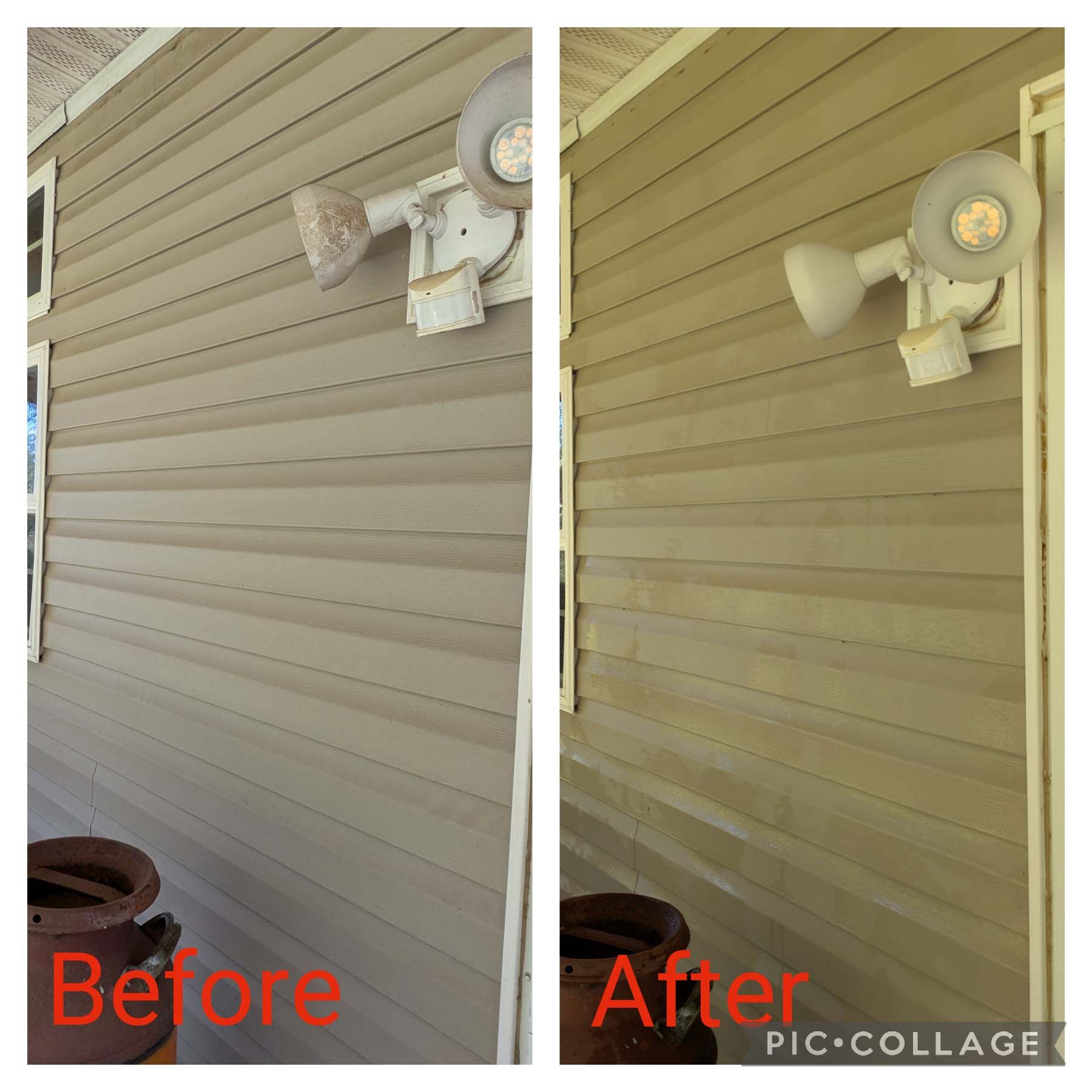 Before-and-after of a house exterior wall with beige siding and a light fixture, showing a cleaner look after washing