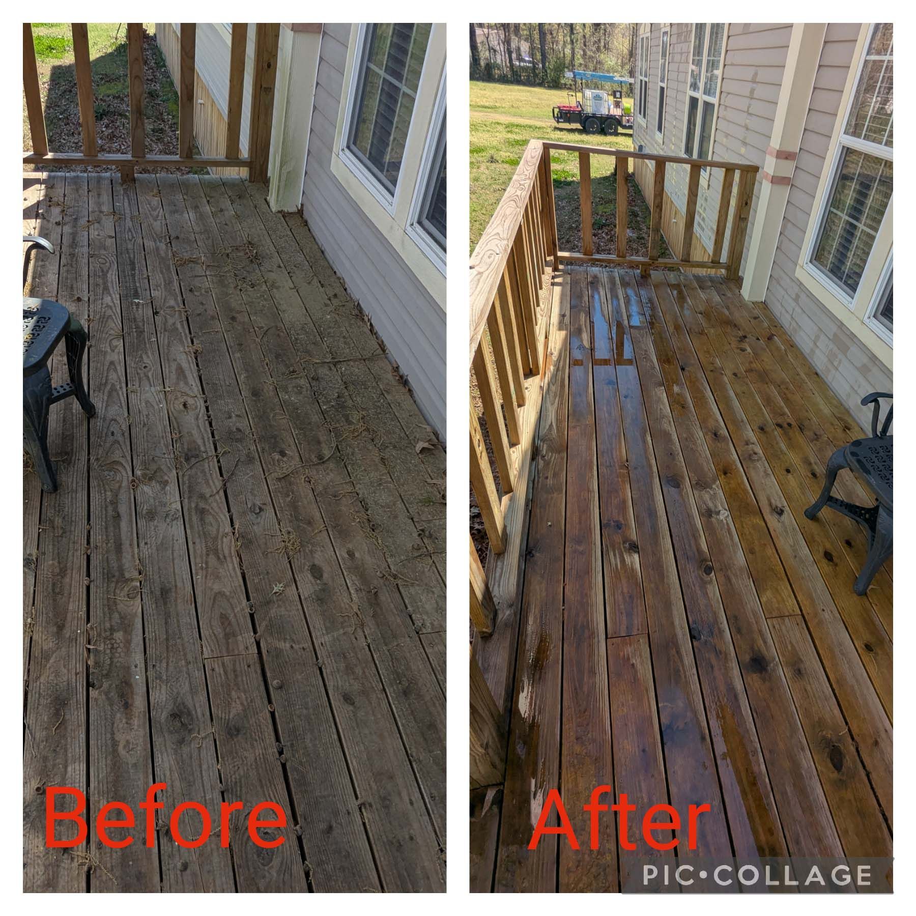Before-and-after deck restoration: weathered gray boards transformed to warm, cleaned wood.