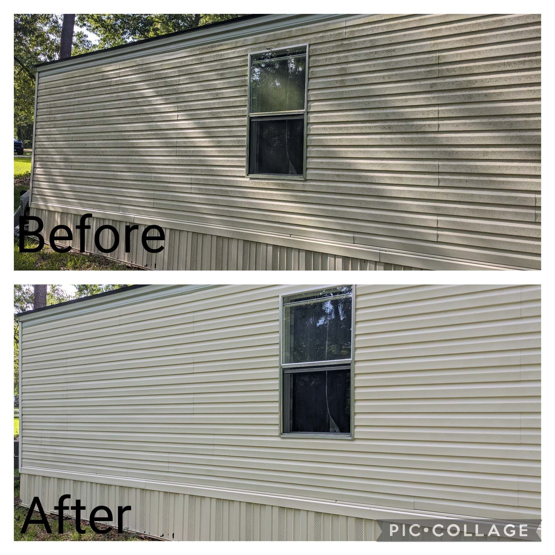 Before-and-after exterior of a house with updated beige vinyl siding around a window.