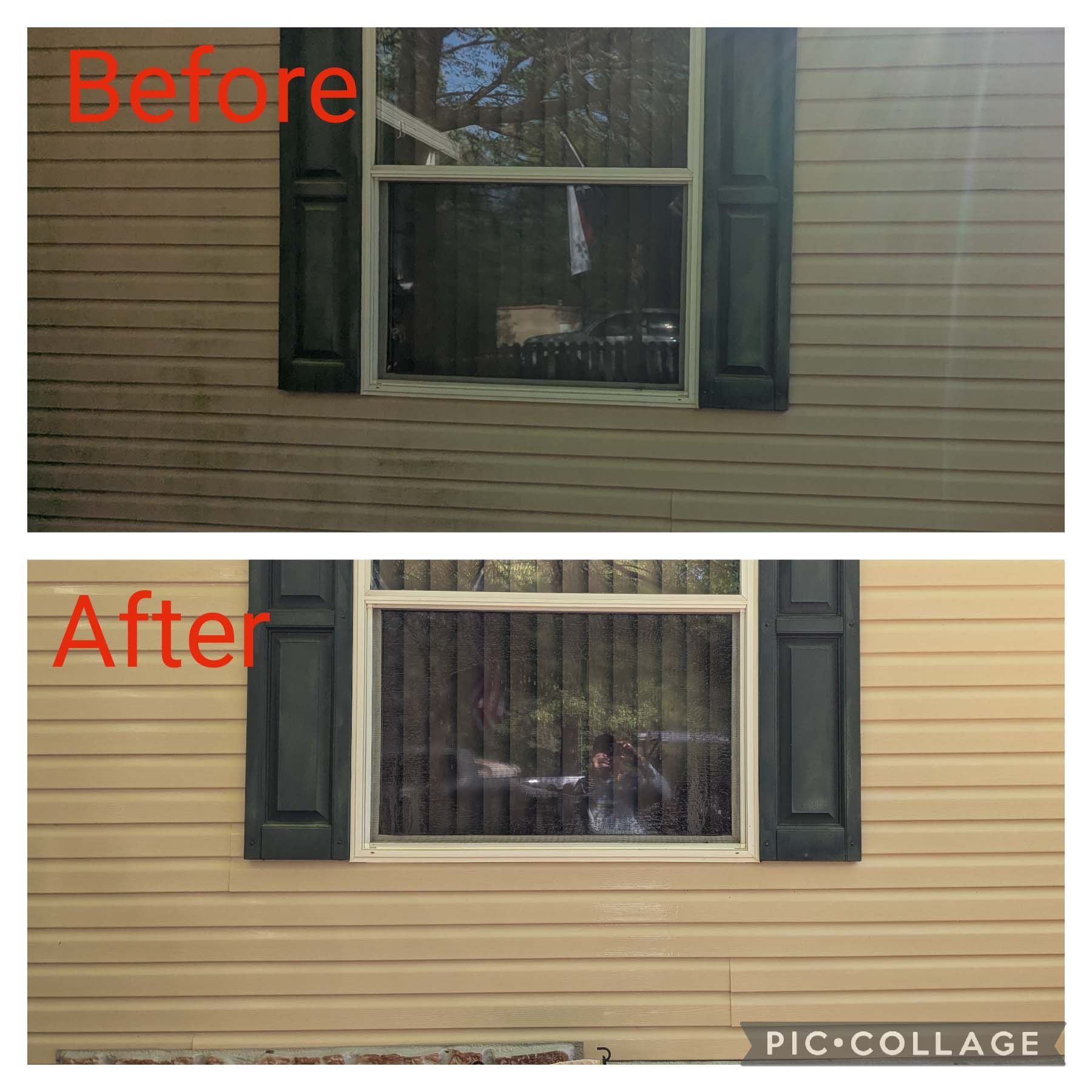 Before-and-after of a house window with dark shutters, showing a new white window and blinds after replacement.