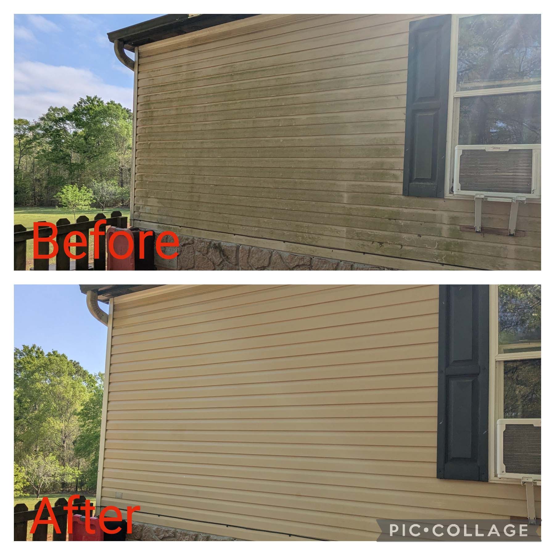 Before-and-after of a house wall cleaned from dirty beige siding to brighter beige siding