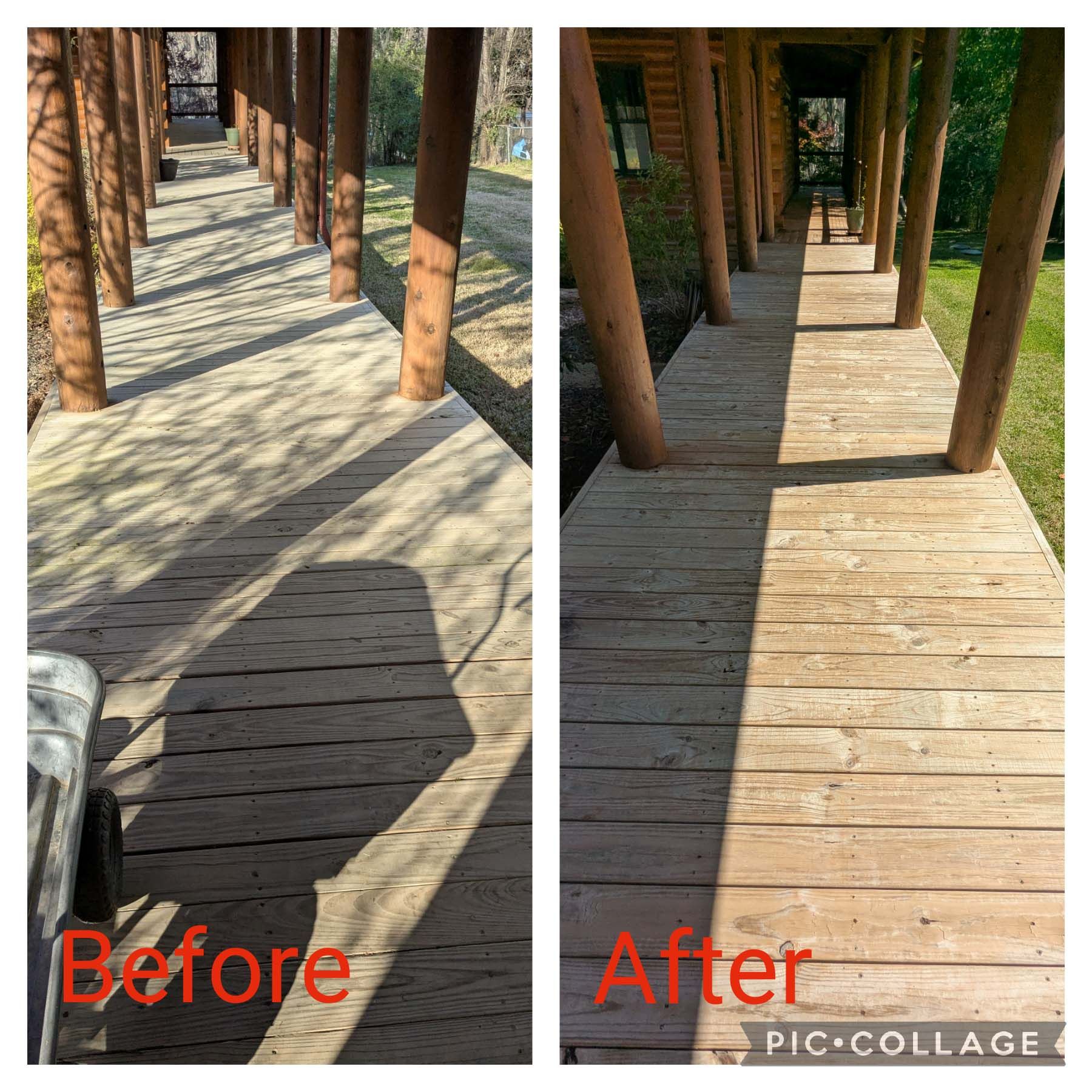 Before-and-after of a wooden walkway, showing repaired boards and a smoother path.