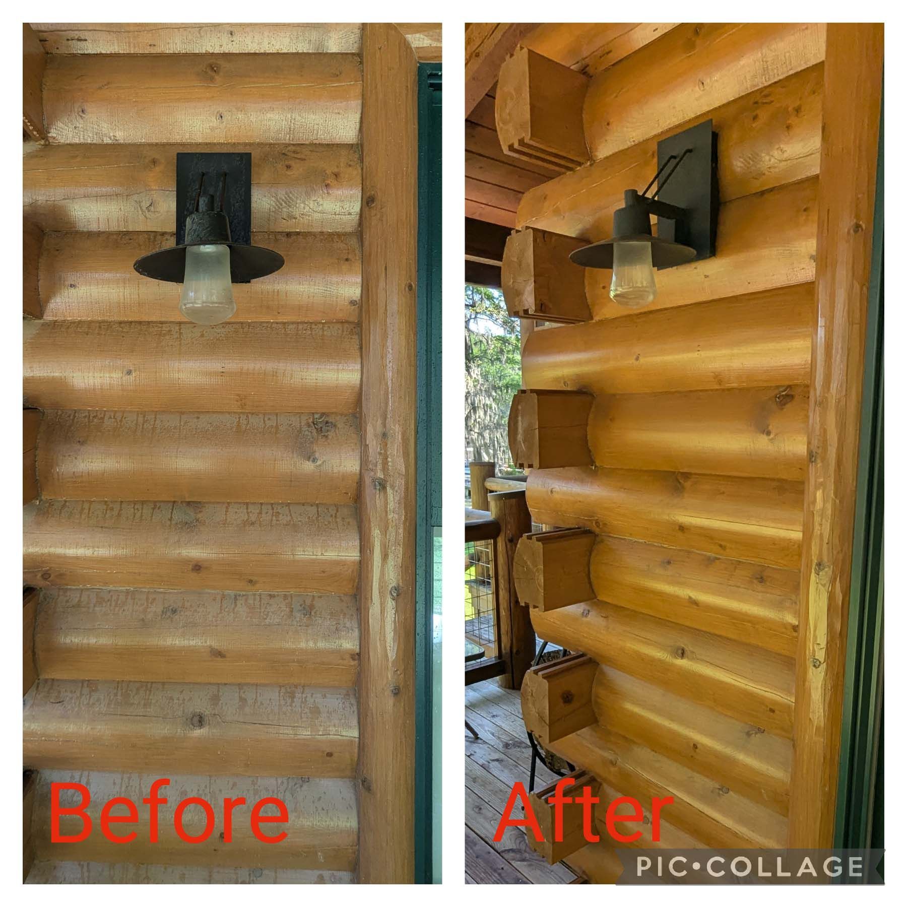 Before-and-after of a log wall light replaced with a rustic lantern-style wall sconce on a cabin exterior