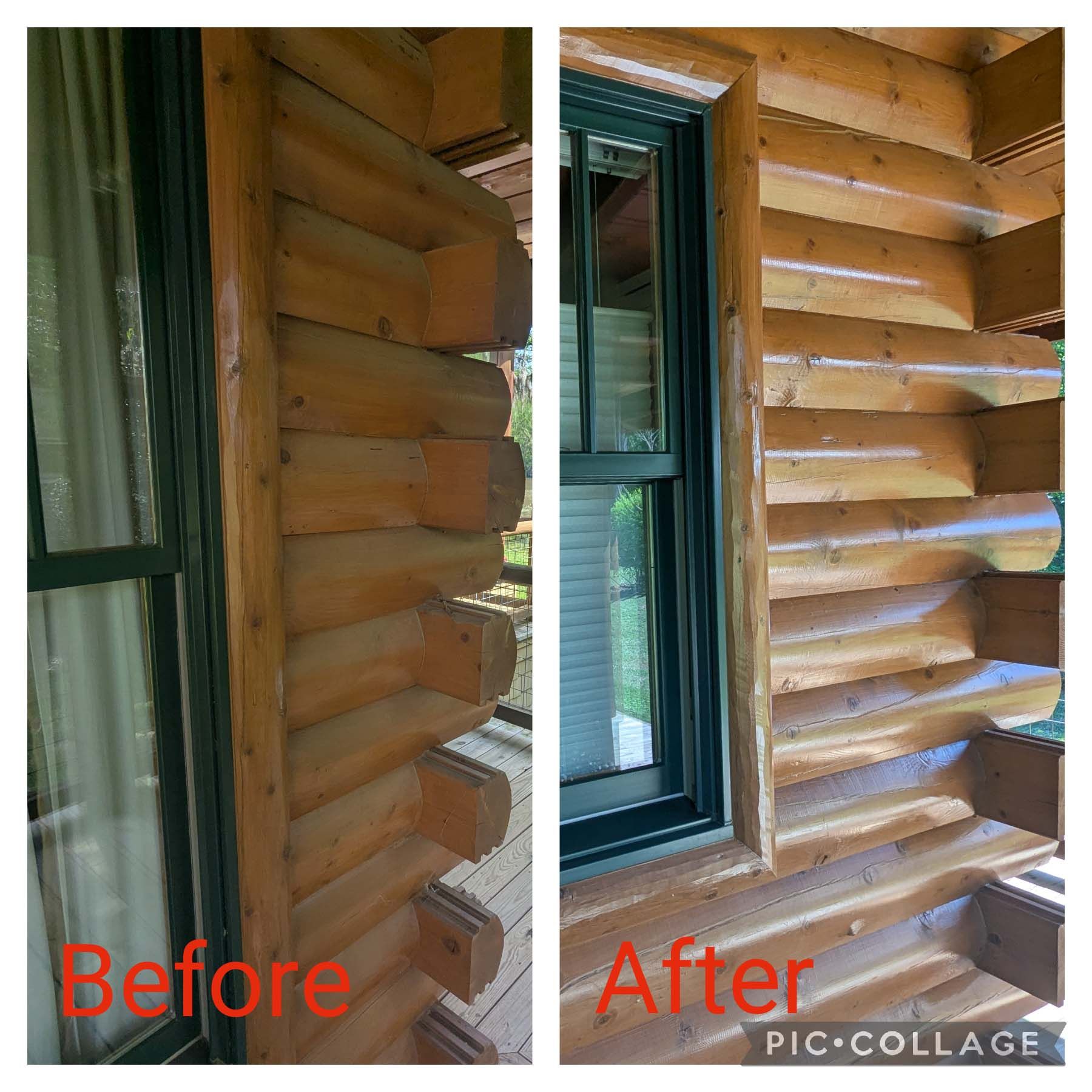 Before-and-after collage of a log cabin wall around a window, showing a darker stain changed to a lighter finish.