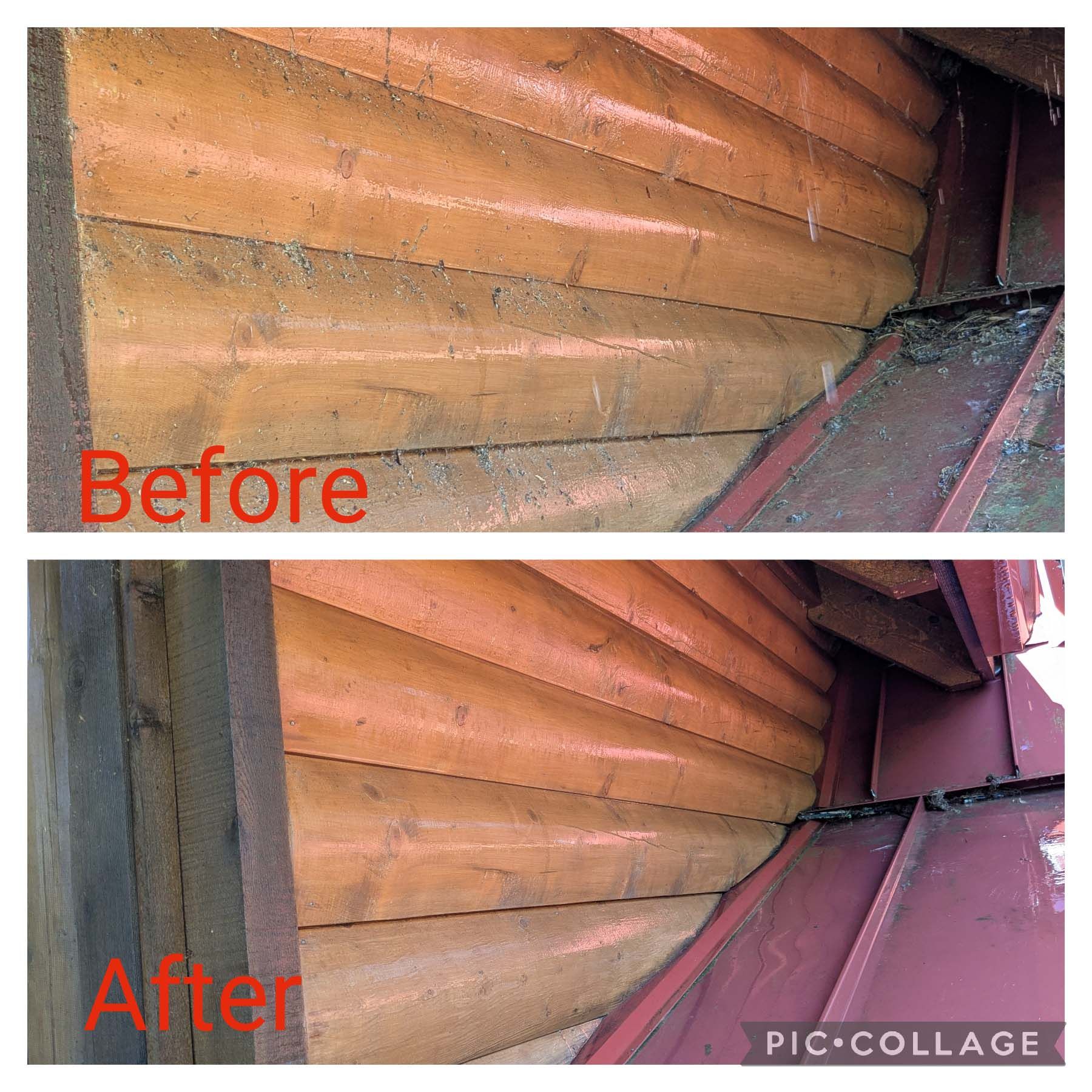 Before-and-after view of a wooden wall and corner seam, showing weathered to freshly painted red surfaces.