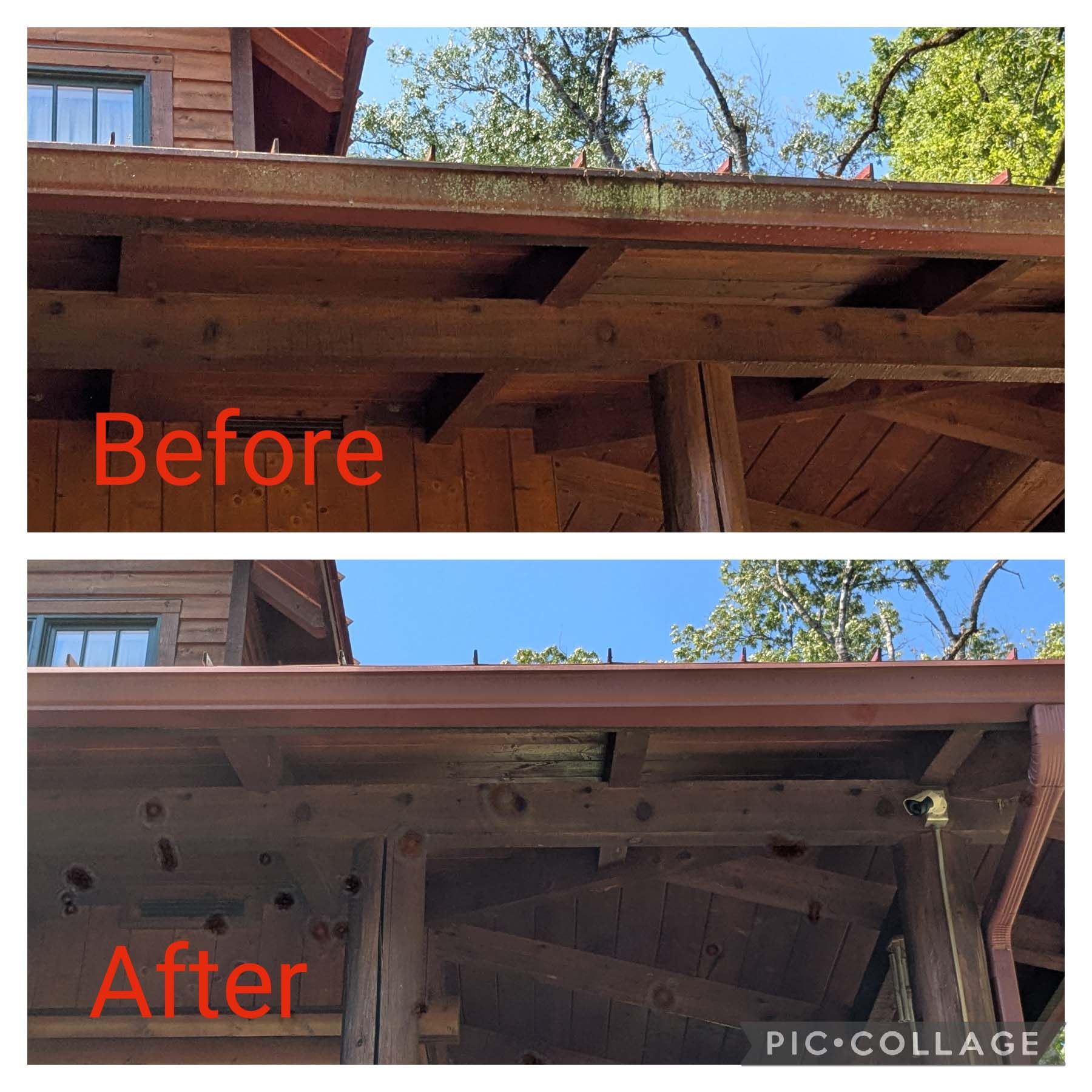 Before and after of a repaired wooden roof eave, with moss removed and boards cleaned.