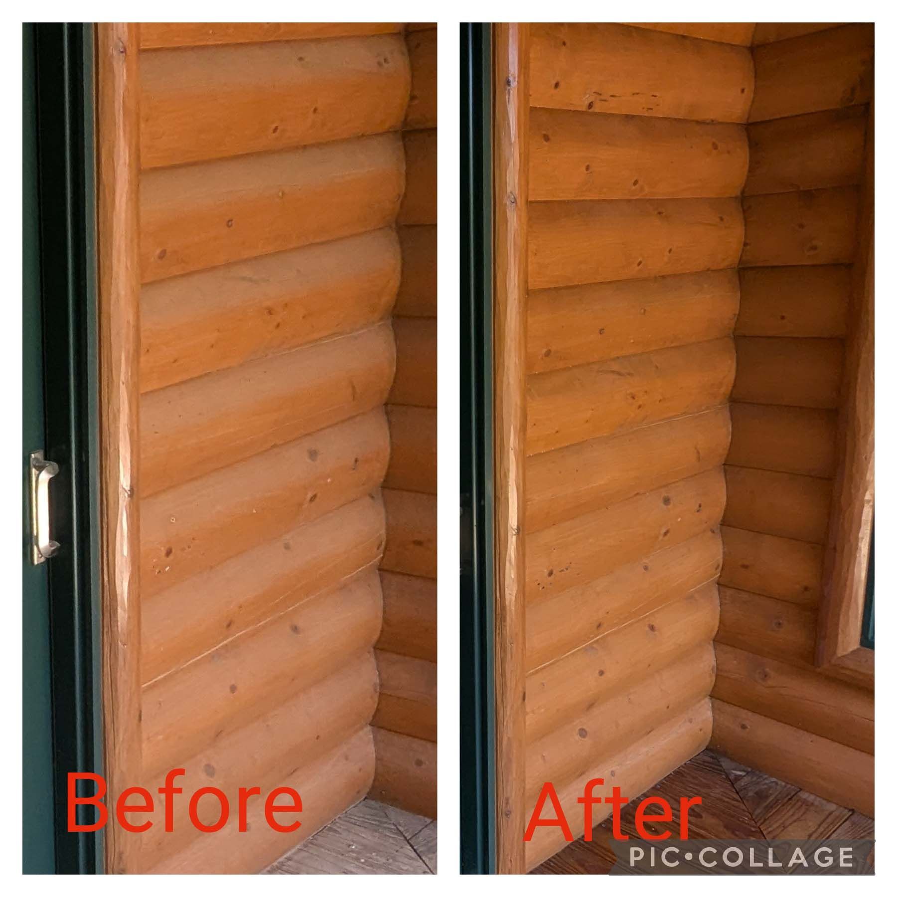 Before-and-after view of a wooden log wall stained from dark to light orange-brown.