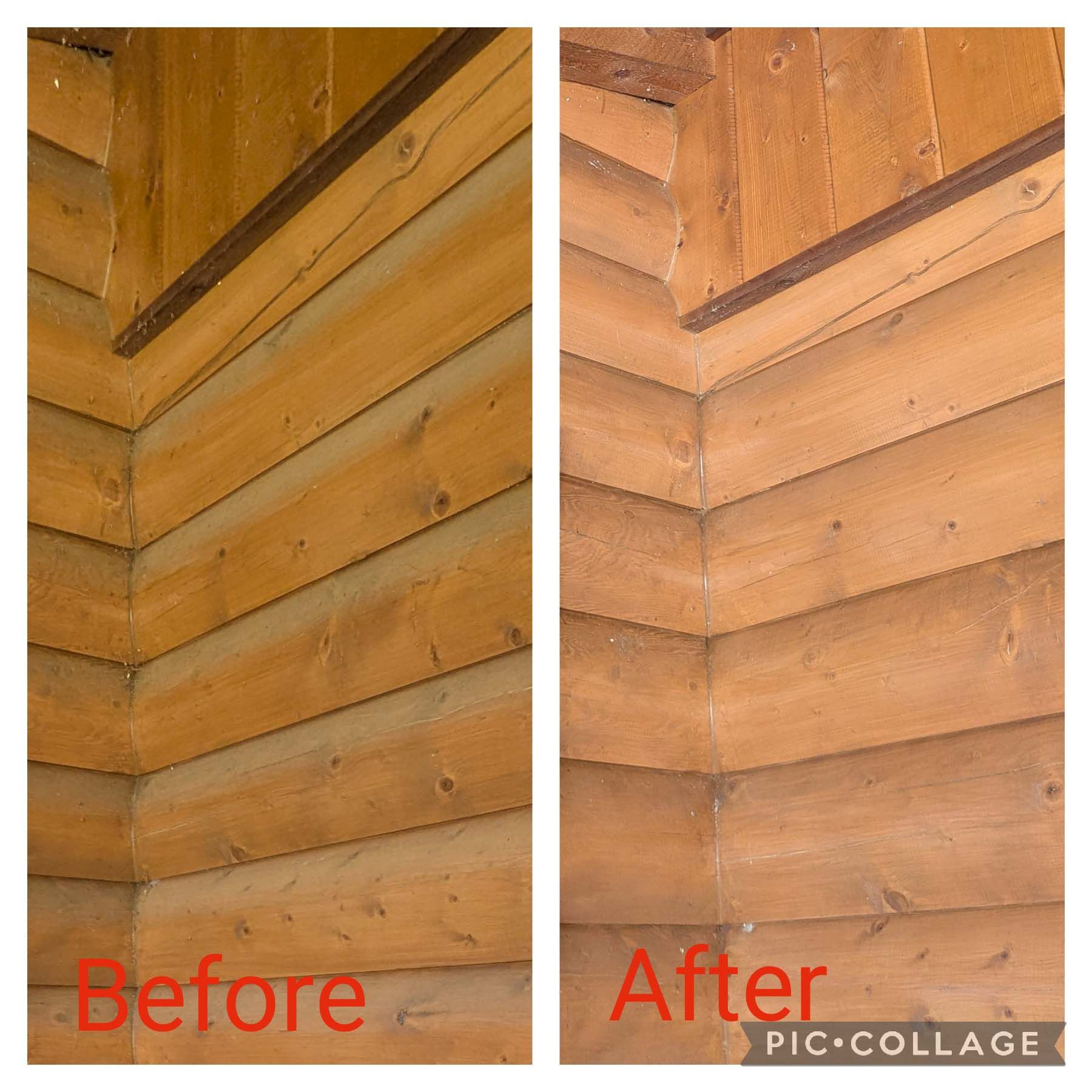 Wooden corner wall comparison labeled before and after, showing cleaned brighter log siding.