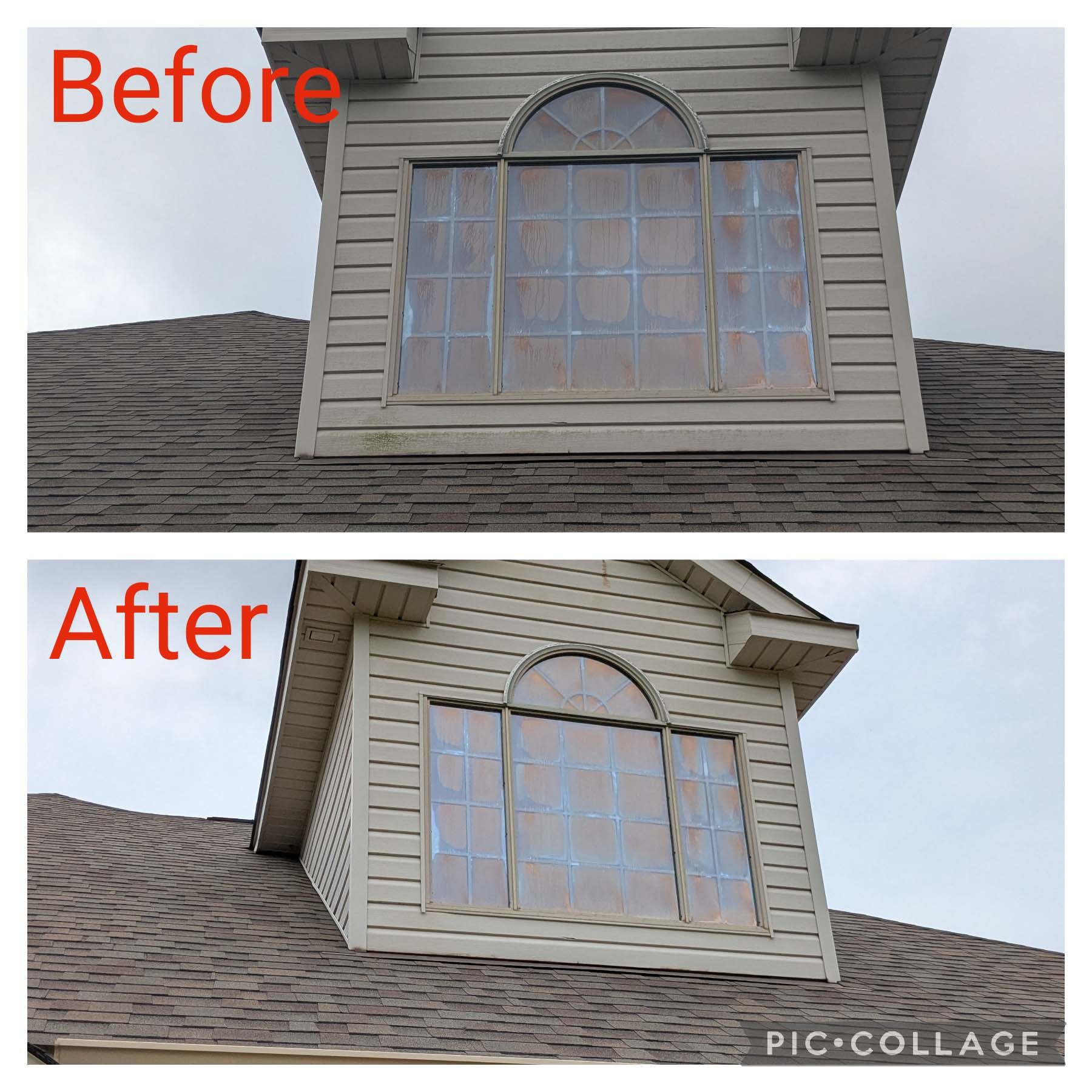 Before-and-after of a dormer window on a shingled roof, showing a repaired/updated exterior.