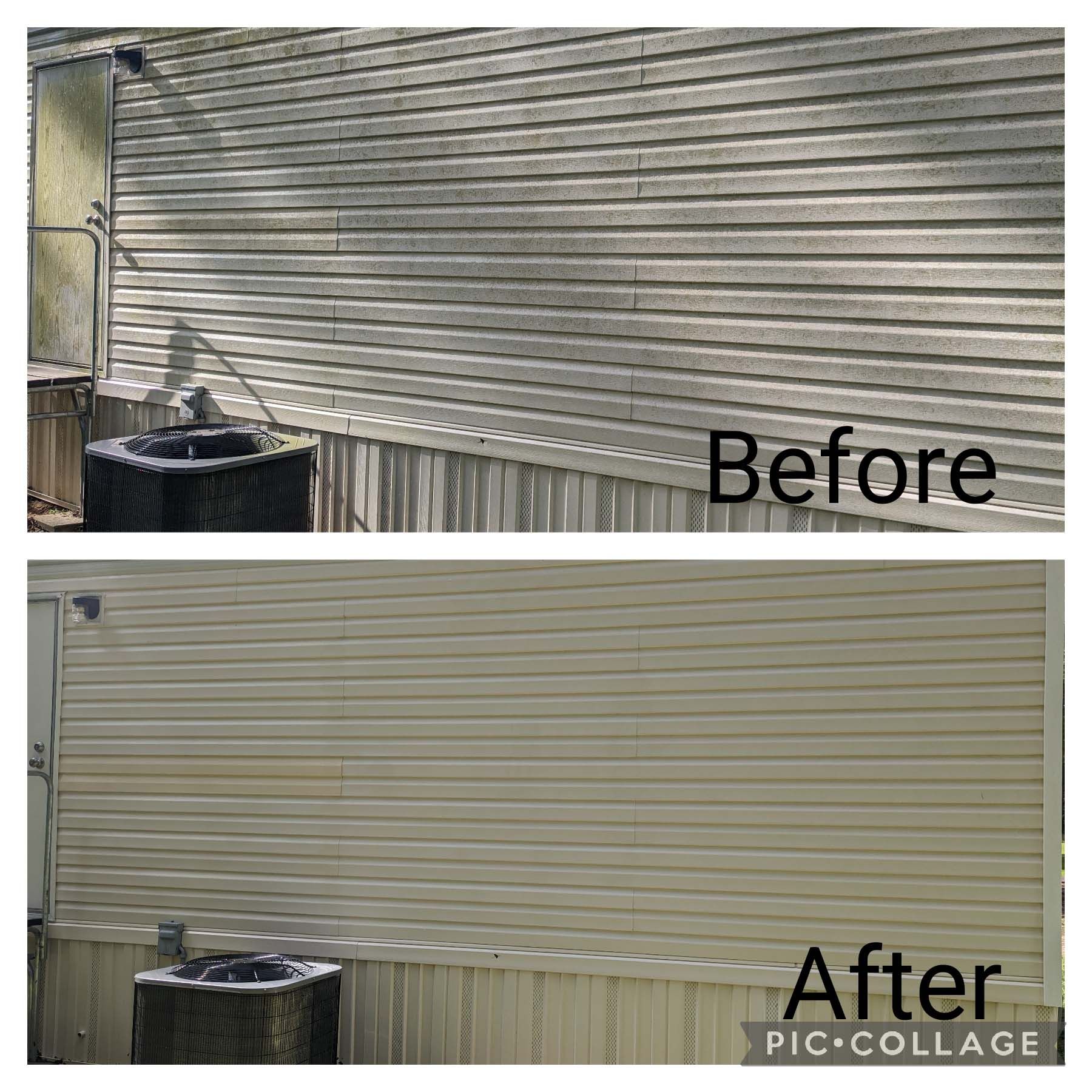 Before-and-after of a beige corrugated metal wall cleaned from dirty to bright.