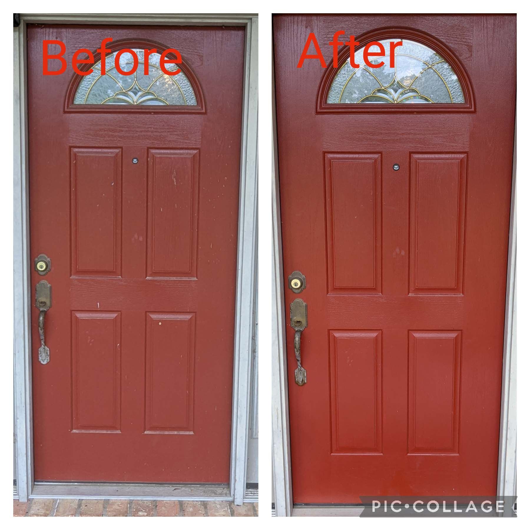 Before-and-after of a red front door, showing a worn finish on the left and a restored finish on the right.