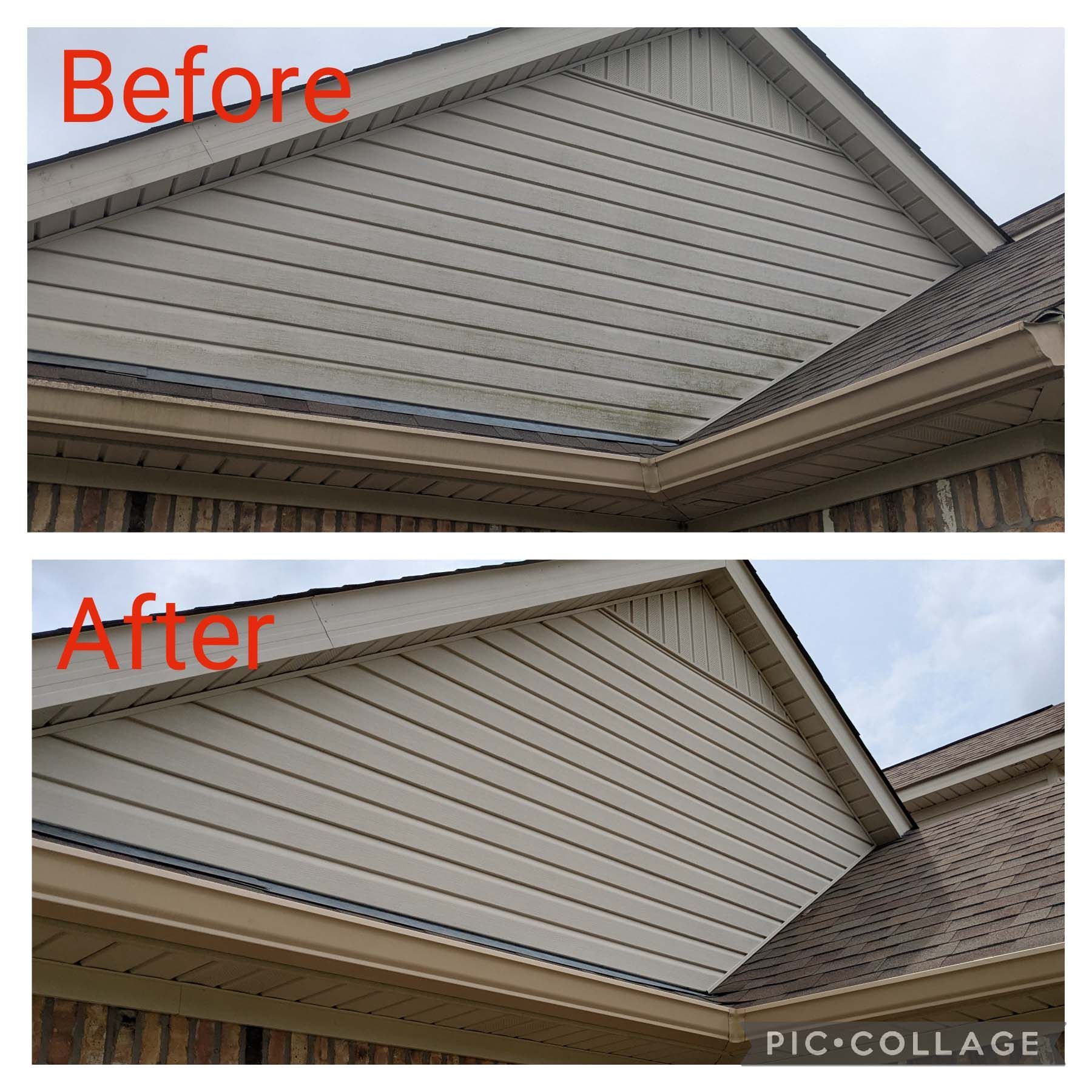 Before-and-after comparison of a home's gable siding and trim, showing a cleaner, updated look.