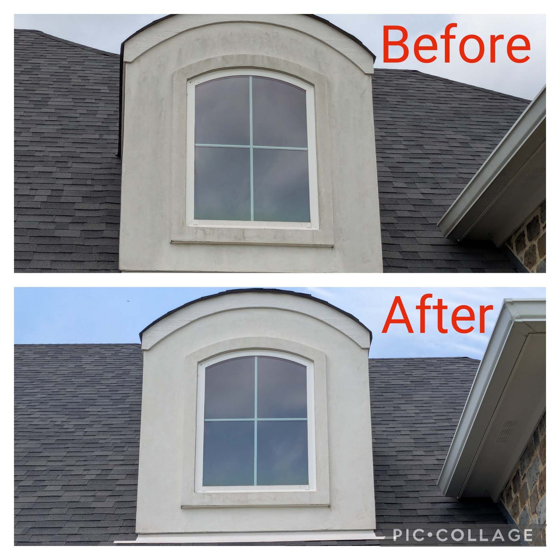 Before-and-after of a dormer window on a gray shingled roof, showing a cleaner white trim after renovation.