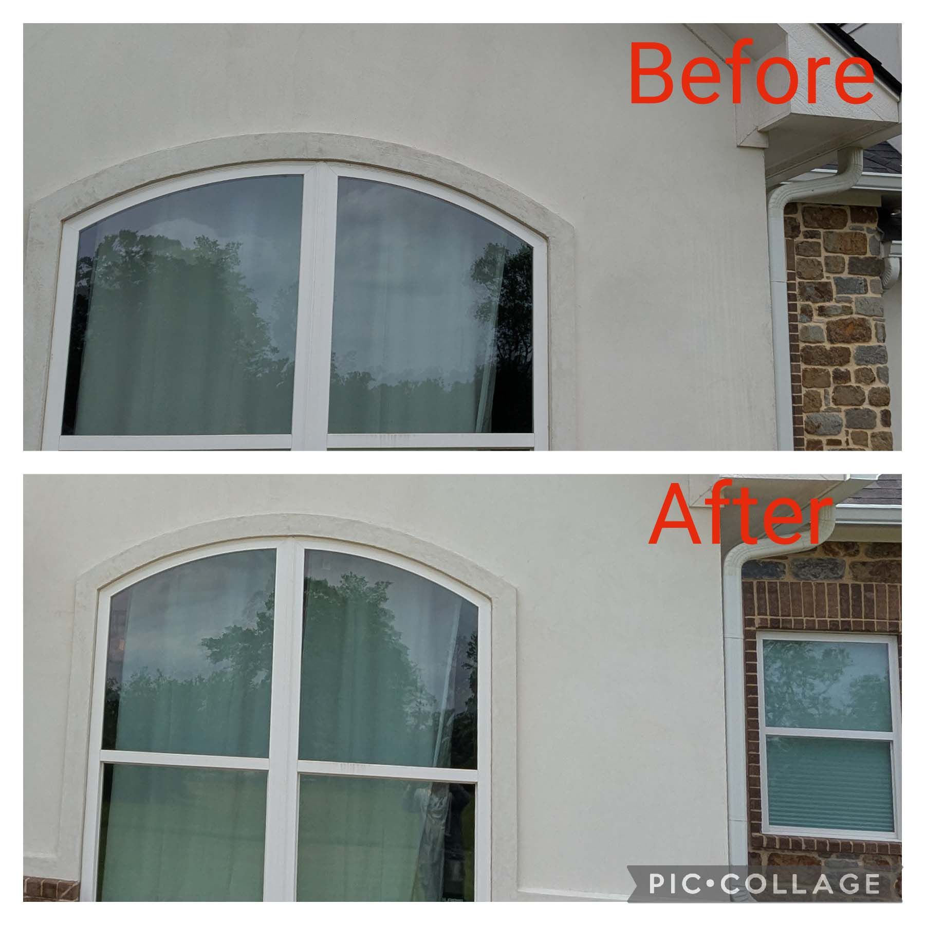 Before-and-after collage of a house window with arched white trim and added right-side window panel.