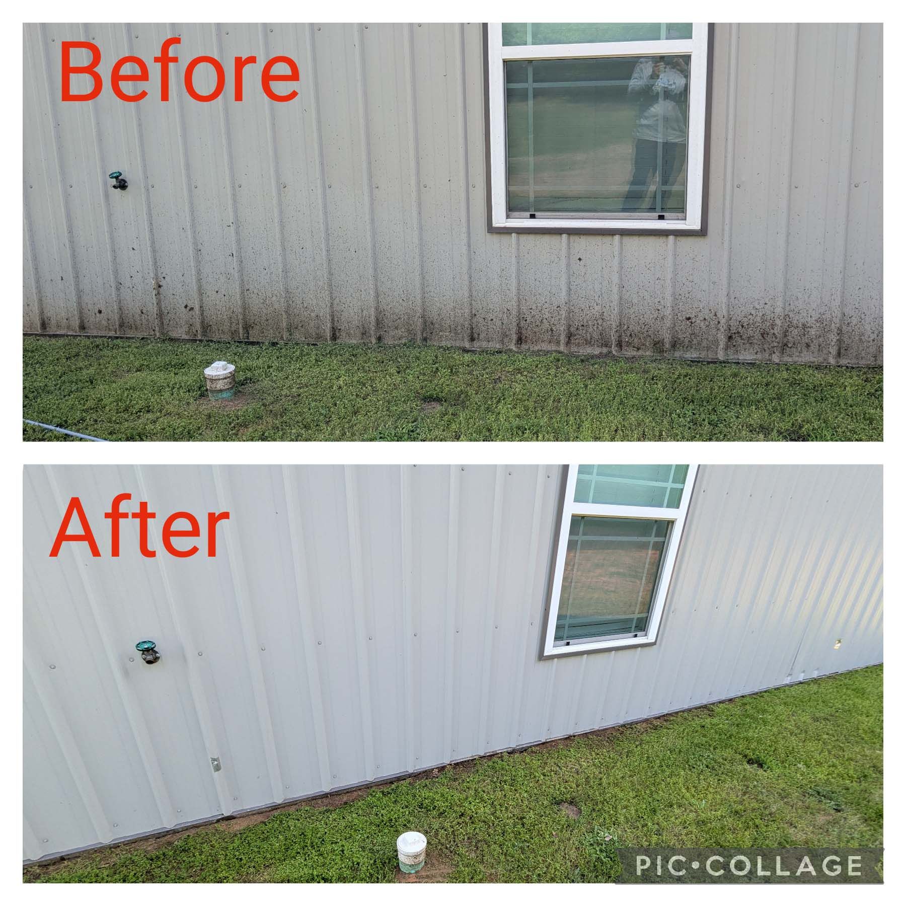 Before-and-after of a building wall cleaned, with dirt removed from the lower siding near a window.