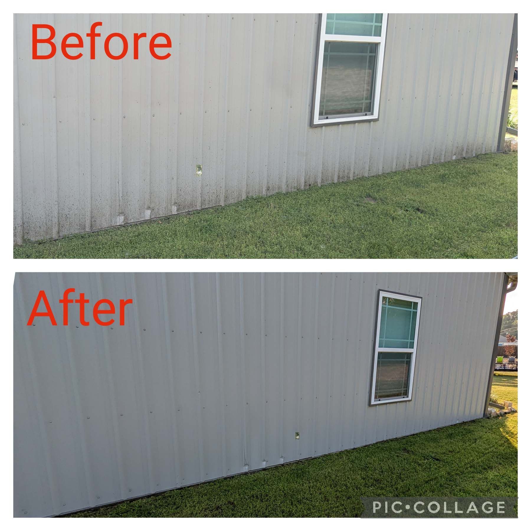 Before-and-after collage of a gray metal building wall and window, with the grass and trim cleaned up after.