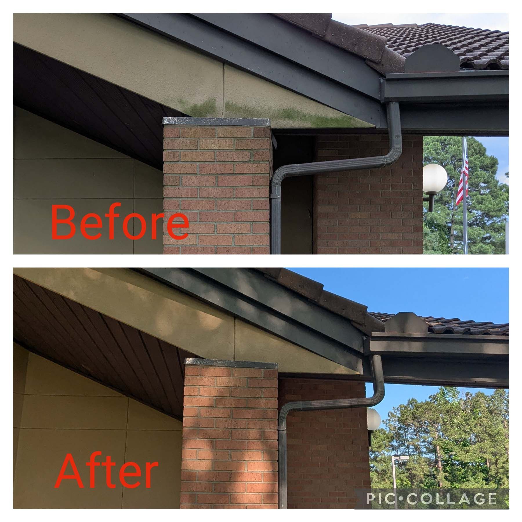 Before-and-after of a house roof gutter and fascia repair, showing damaged area fixed and cleaned up.