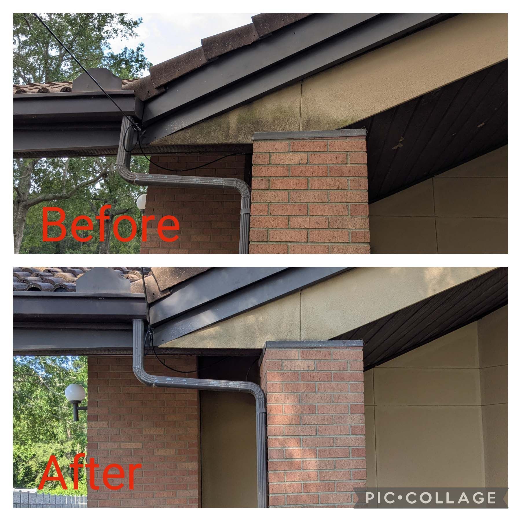 Before-and-after collage of roof gutter repair on a brick house, showing a downspout added beside the corner.