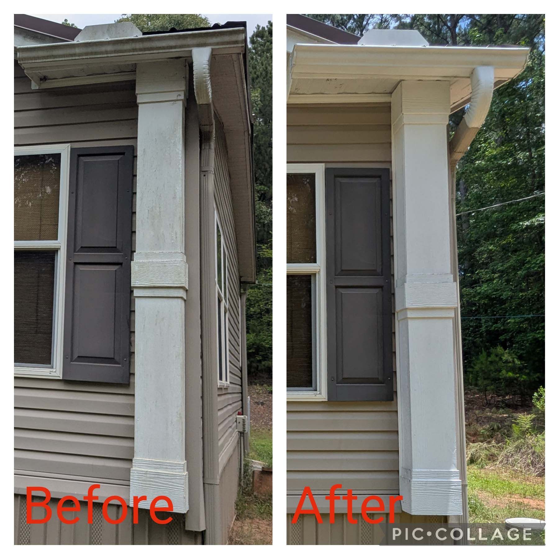 Before-and-after of a house porch corner trim and gutter repair, showing worn to repaired white siding.