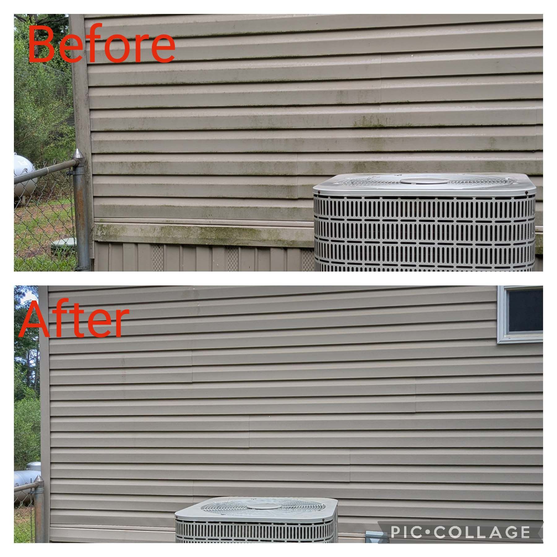 Before-and-after of a house exterior: tan siding and air conditioner, with visible cleanup in the after view.