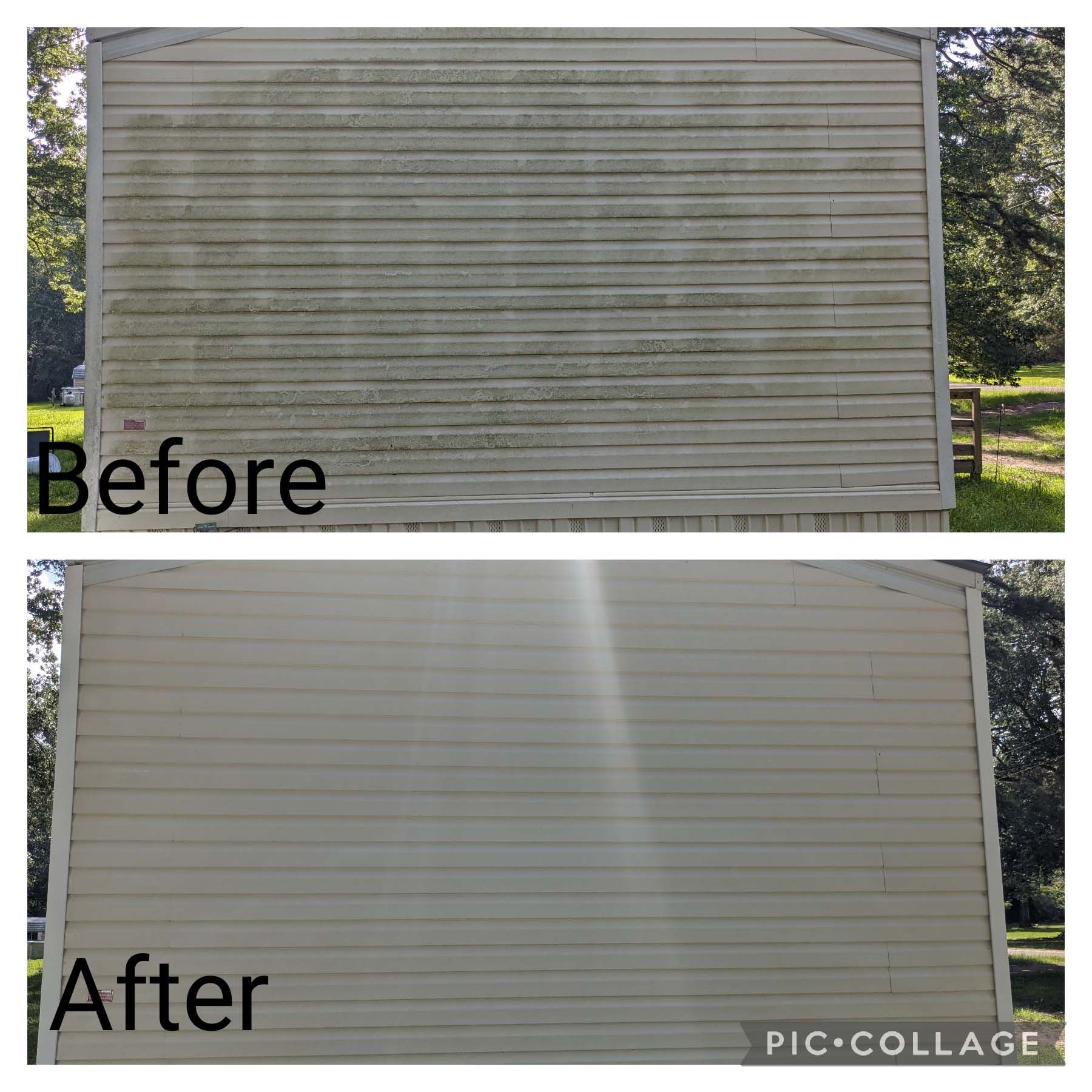Before-and-after of a house exterior, showing a dirty gray siding wall cleaned to a brighter, smoother finish.