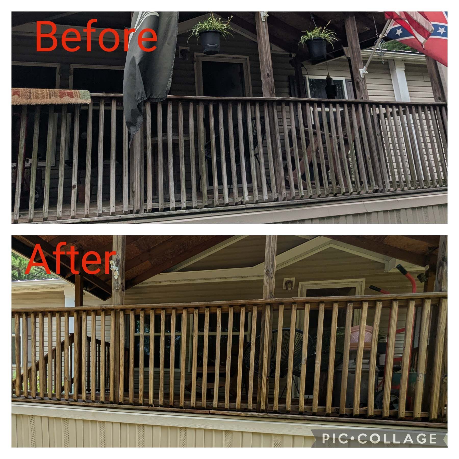 Before-and-after collage of a house porch with a fence changed from worn gray slats to a new tan wooden railing.