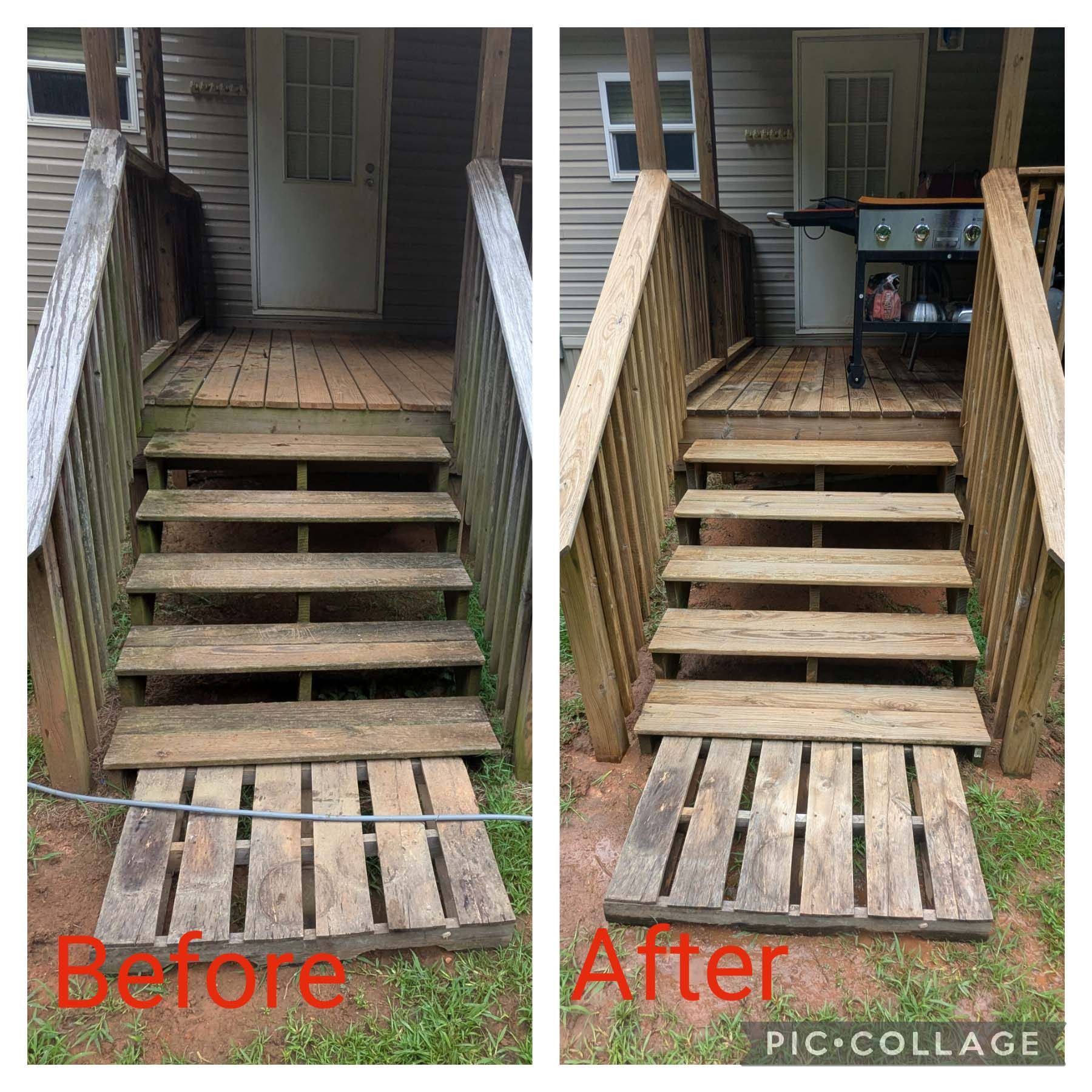 Before-and-after of a wooden porch stairway with added lower steps and landing for easier access.
