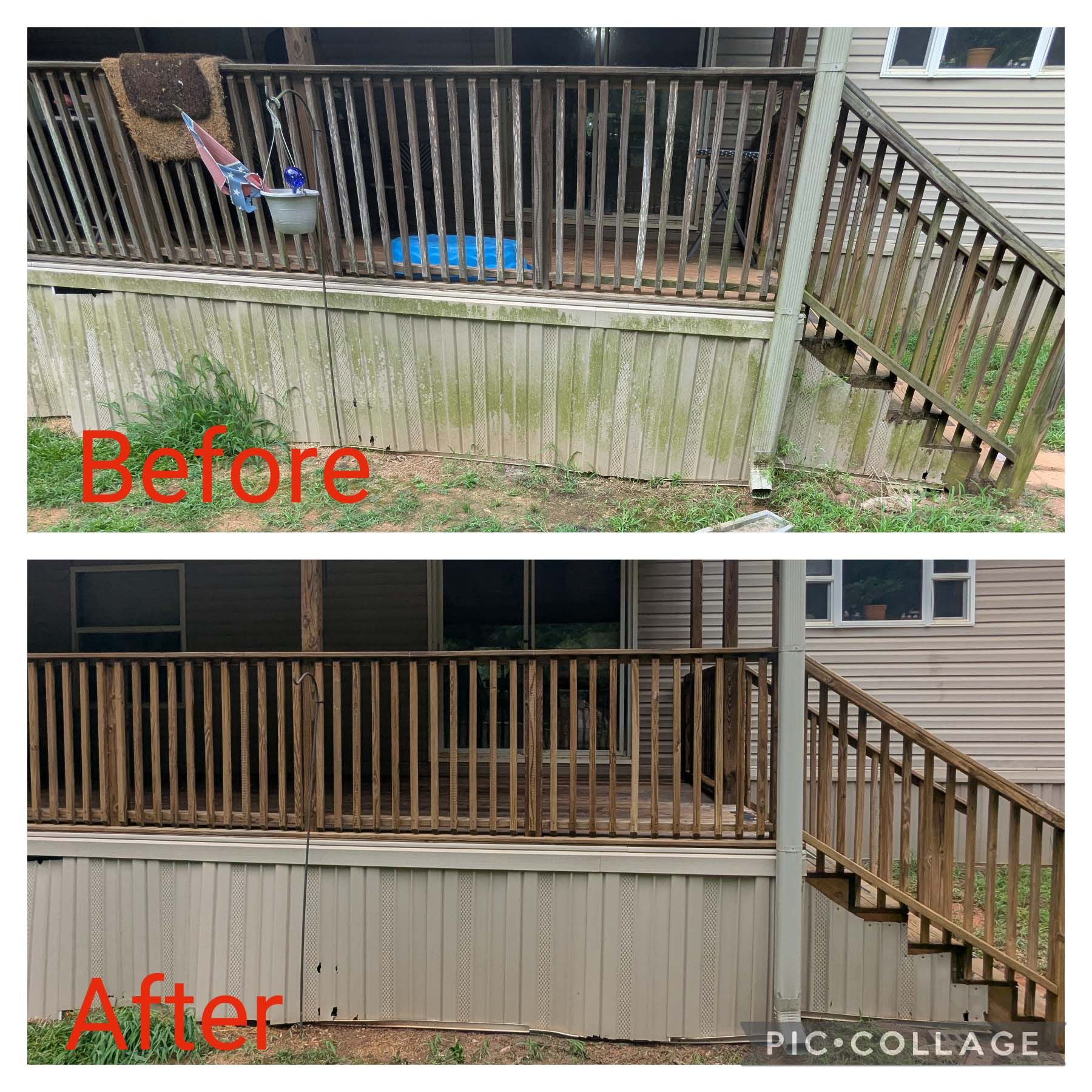 Before-and-after of a weathered wooden porch: railing and skirting repainted beige, with stairs on the right.