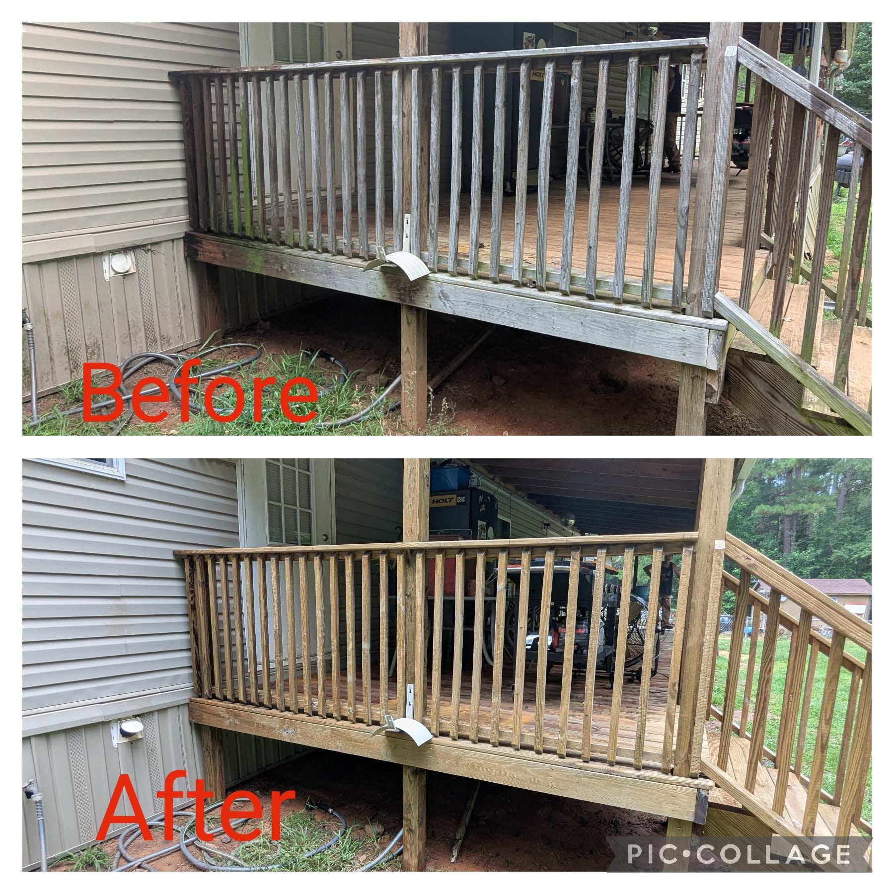 Before-and-after of a wooden deck rail and stairs: weathered gray on top, freshly stained brown on bottom.