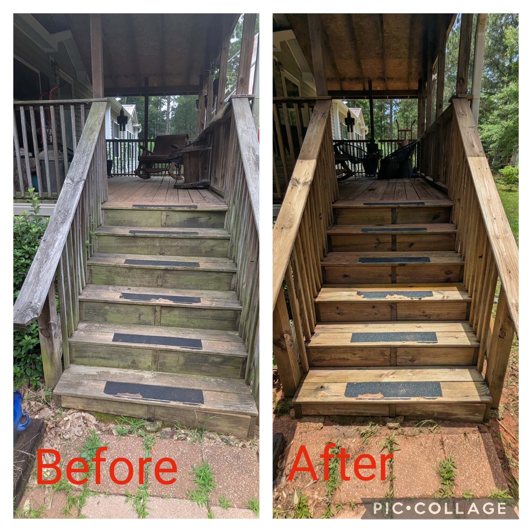 Before-and-after photo of wooden stairs: worn, mossy steps on left; cleaned, repaired steps on right.
