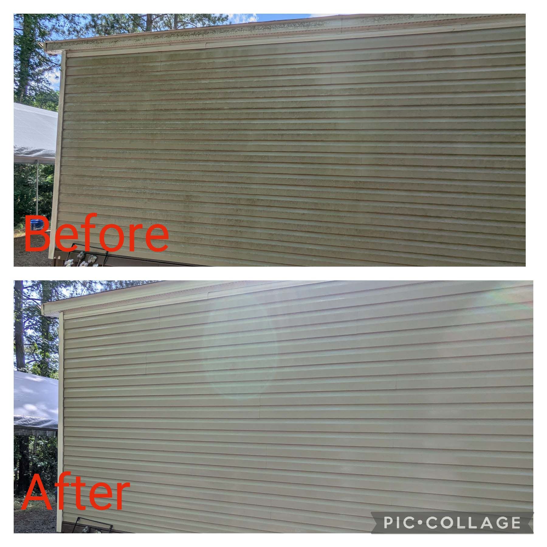 Before-and-after photos of a wall cleaned from dark streaks to a lighter beige finish.