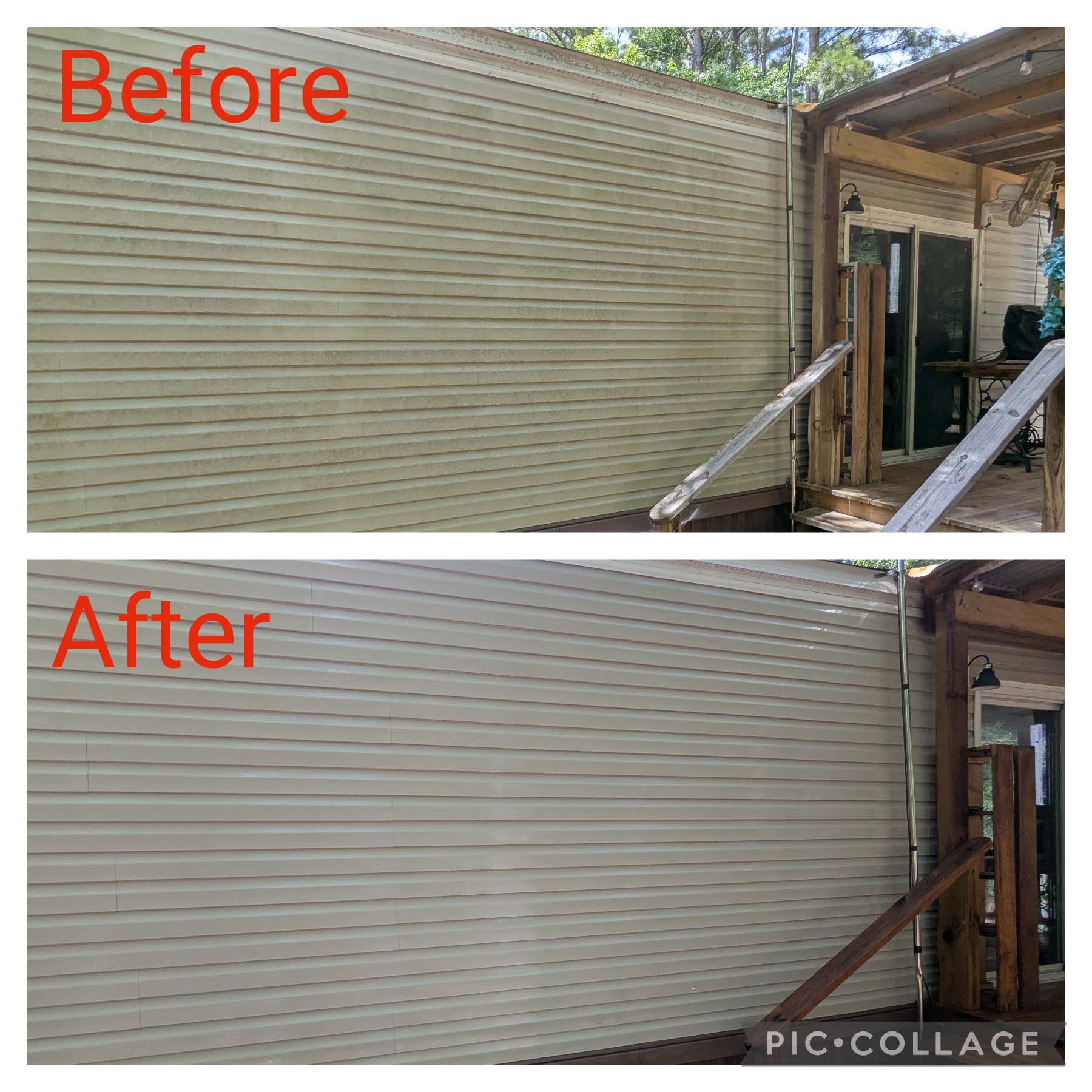 Before-and-after collage of an exterior wall repaint from faded tan to fresh beige on a house renovation