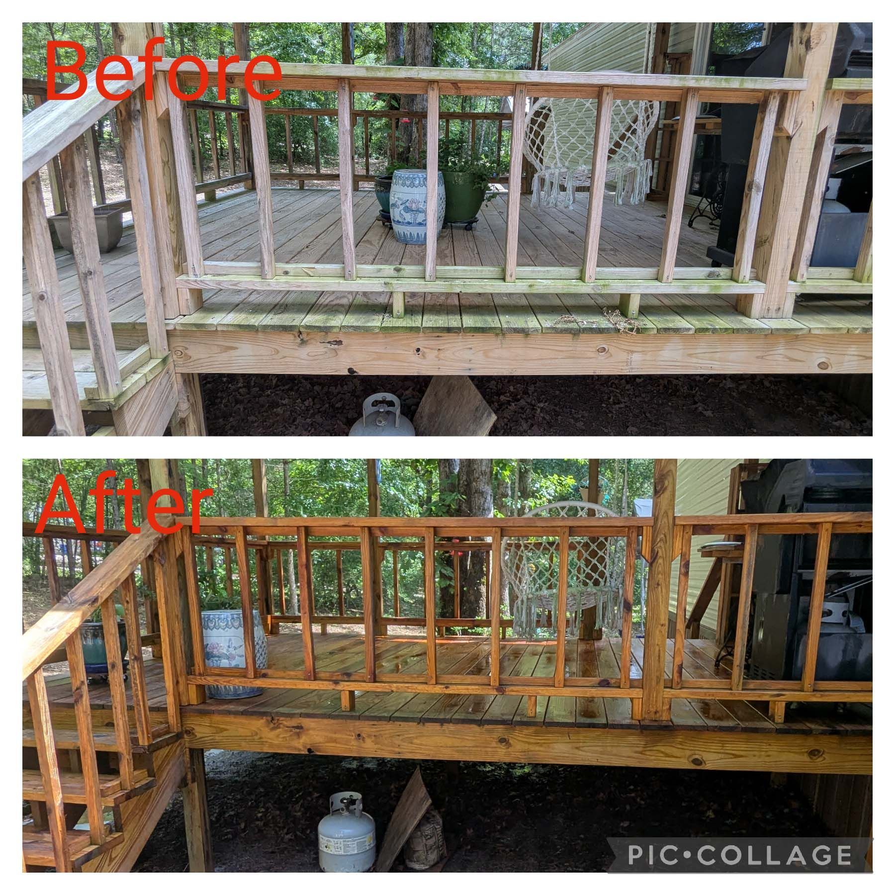 Before-and-after photo of a wooden porch railing, showing a restored stained finish and deck boards.