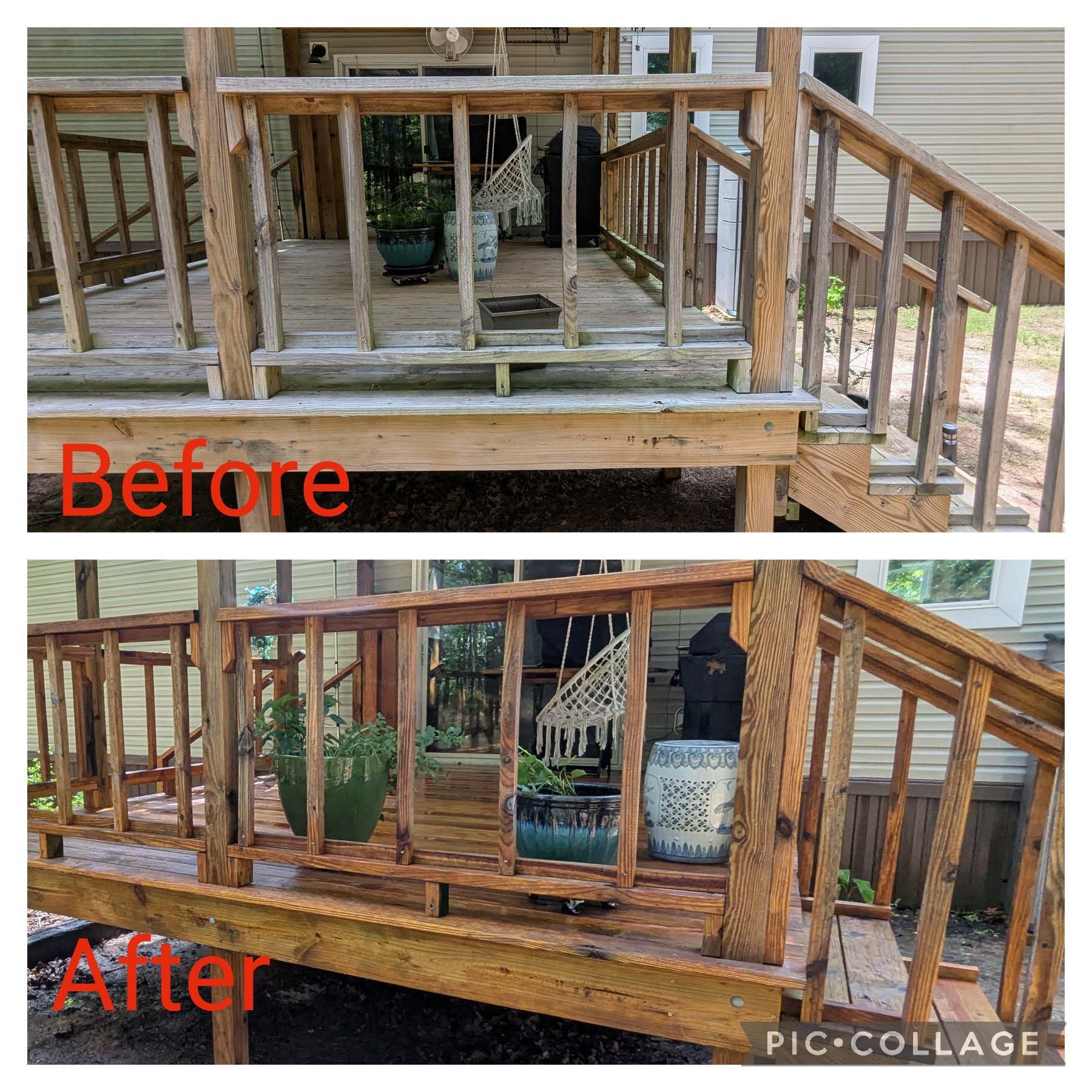 Before-and-after of a wooden porch deck, showing added décor and plants in the after view.