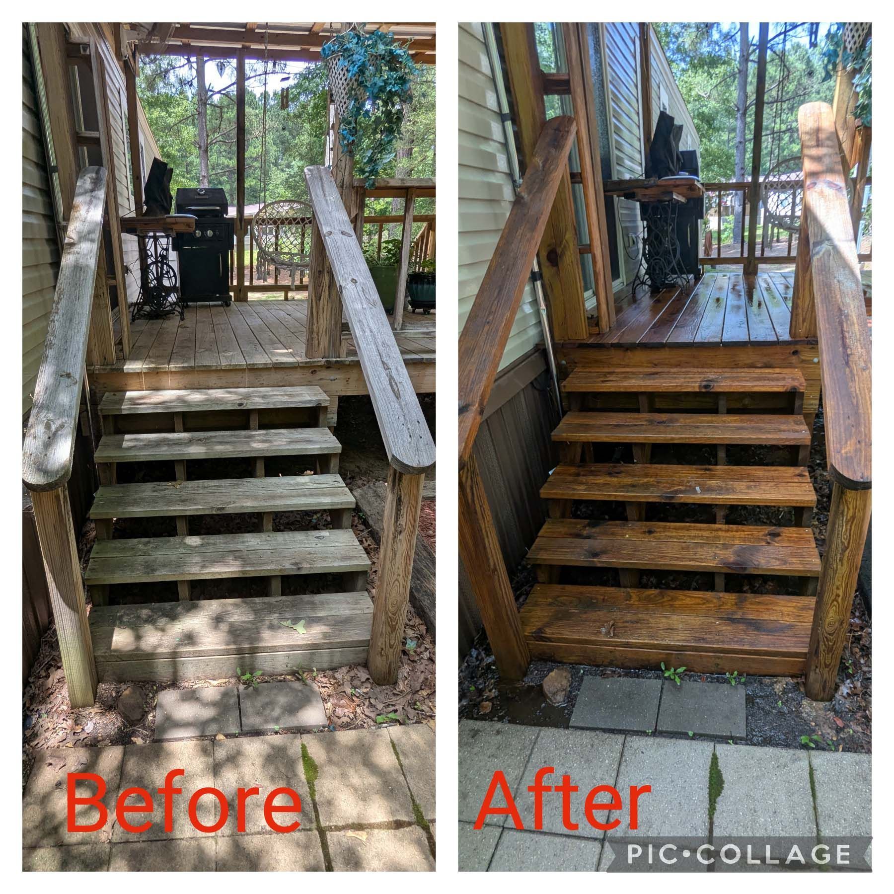 Wooden porch stairs before and after repair, with the after side stained darker and finished.