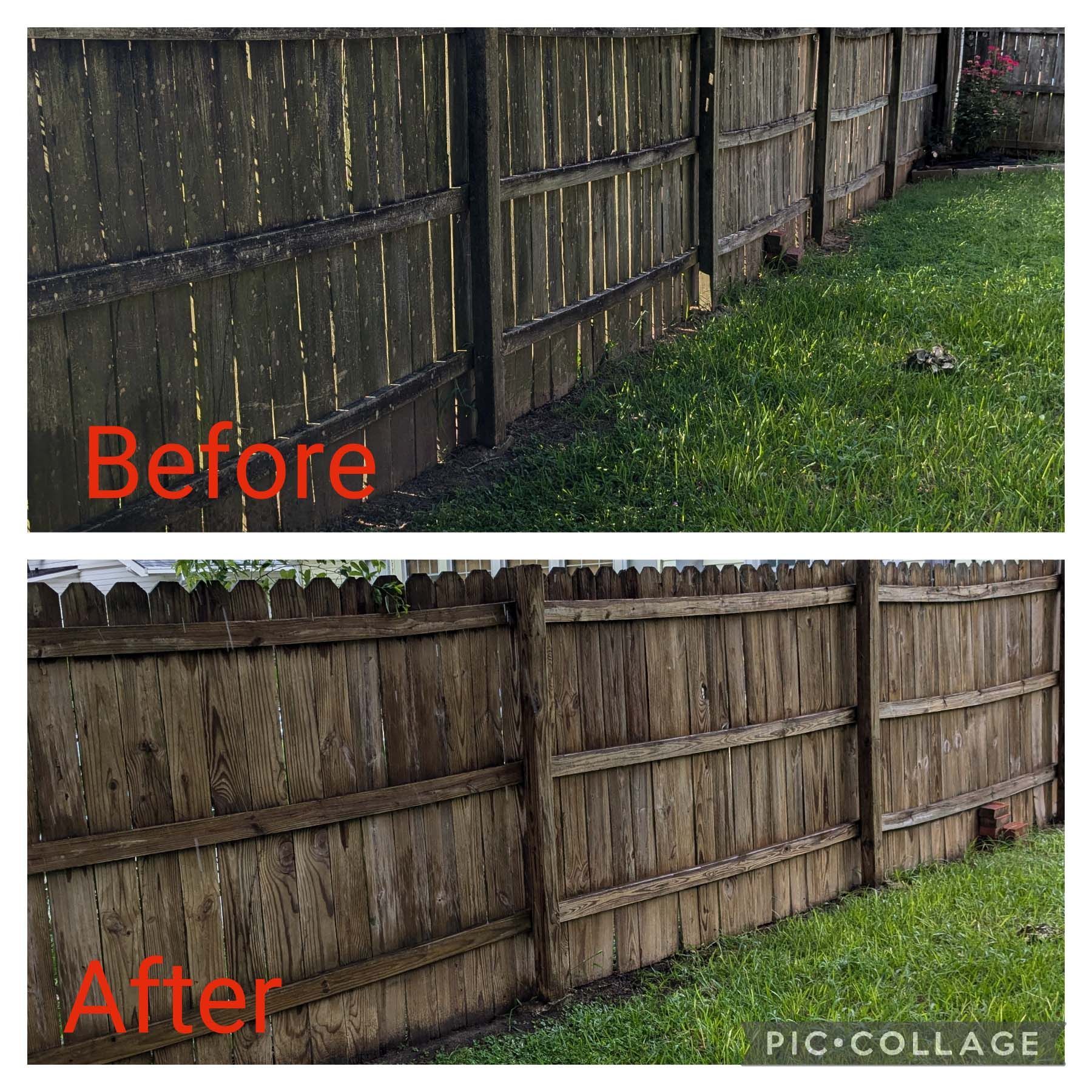 Before-and-after of a weathered wooden fence, with the after showing a cleaner, repaired look.