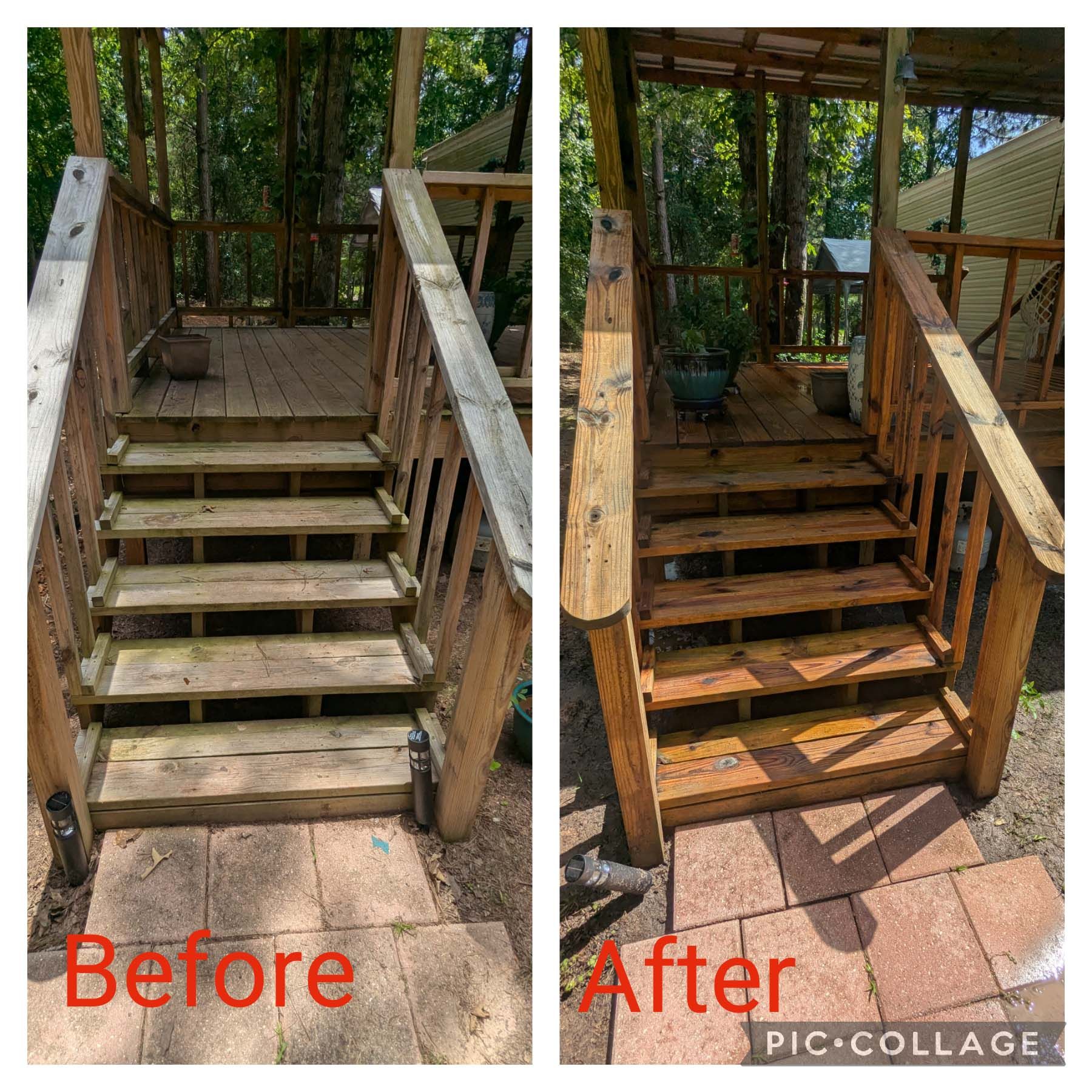 Split before-and-after of a weathered wooden stairway, showing restored steps and railings on a deck.