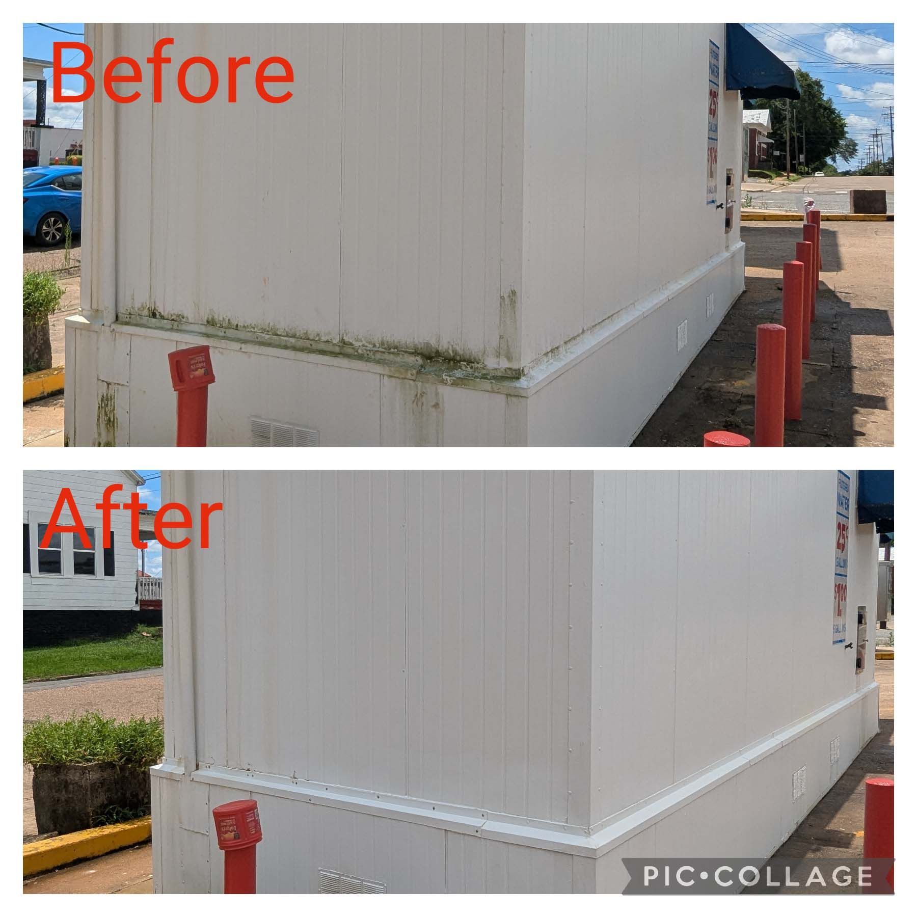 Before-and-after of a white building exterior cleaned, with grime removed from the base.