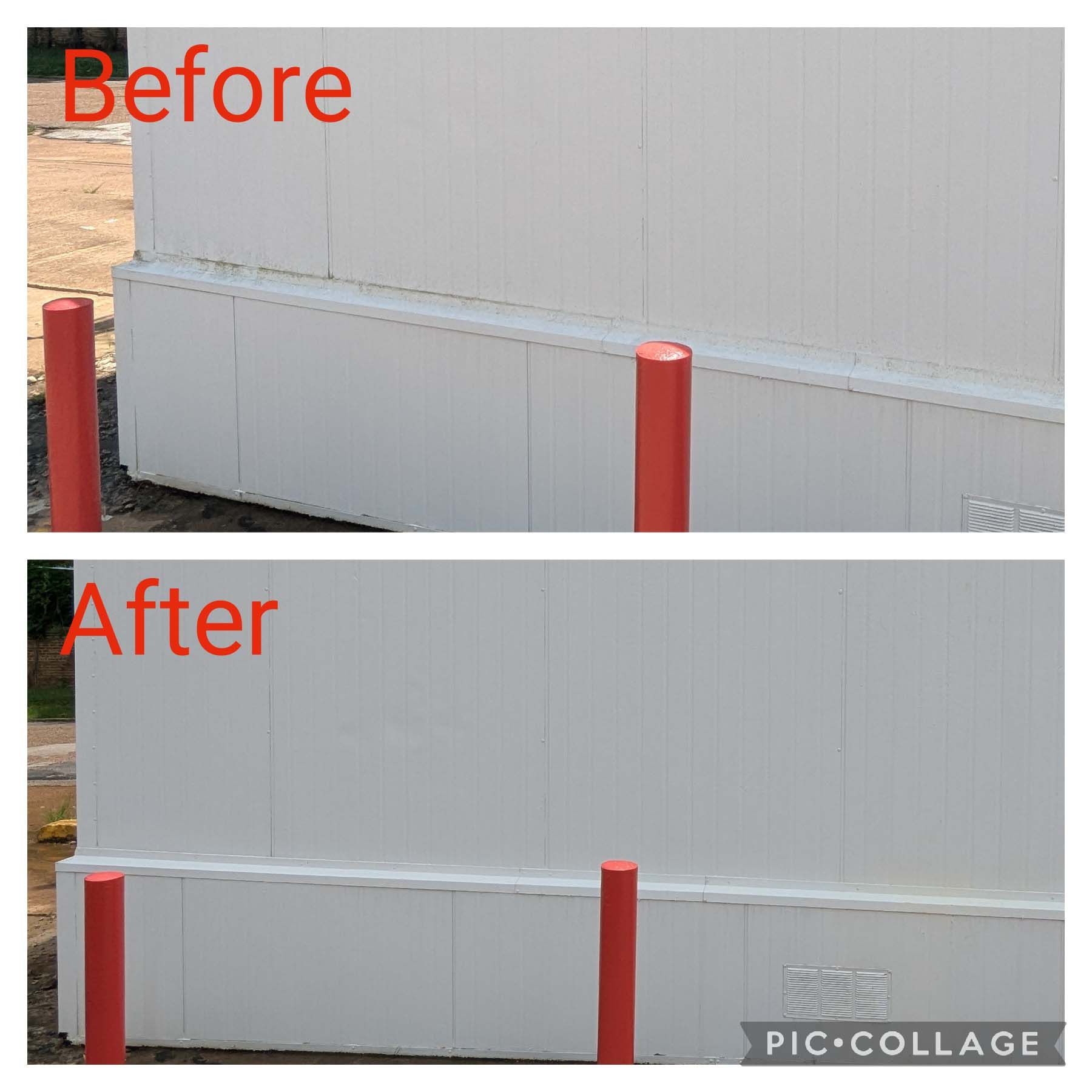 Before and after of a white wall panel seam smoothed, with red posts in front.