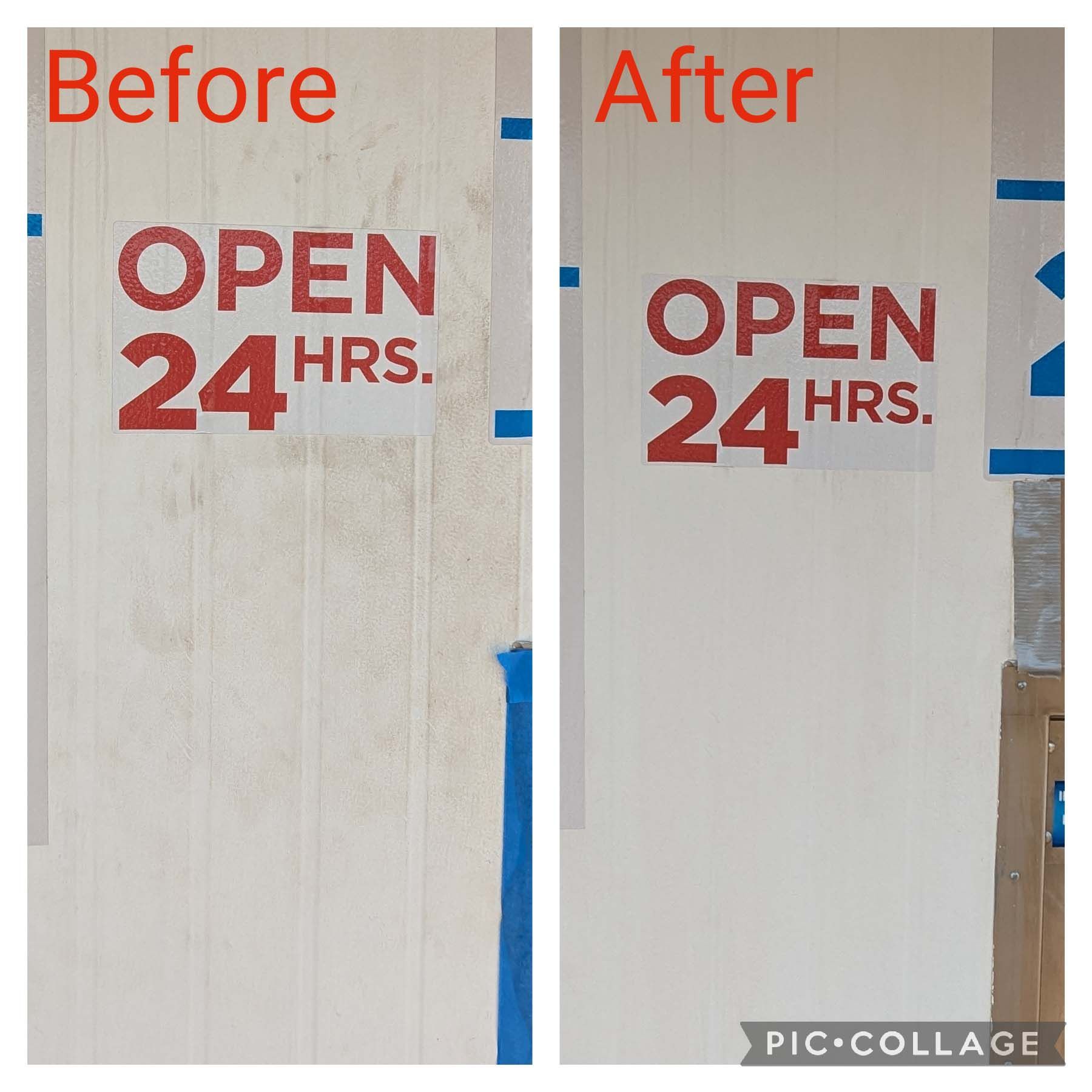 Before and after of a white door with red “OPEN 24 HRS.” sign and taped blue edges.